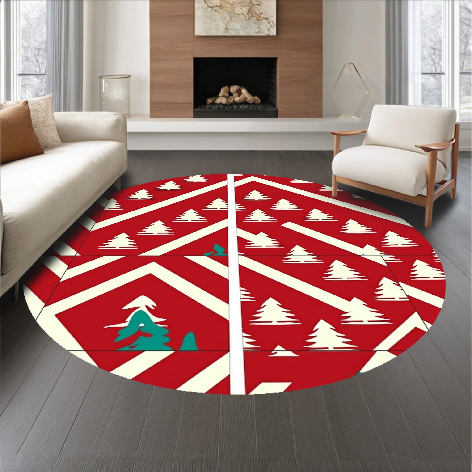Modern Interlocking Chevron with Subtle Holiday Pine Silhouettes(Red)