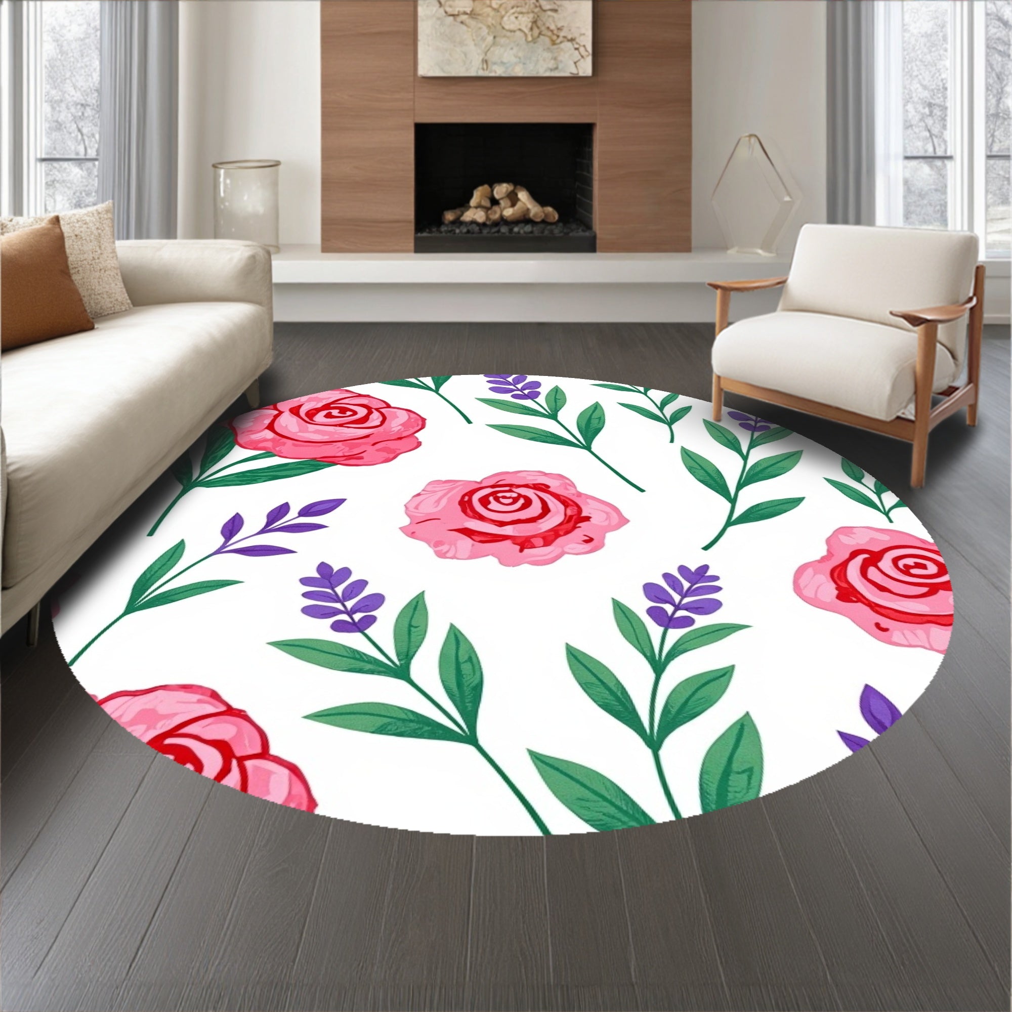Botanical Garden Flower Design Low Pile with Anti Slip Base(Pink)