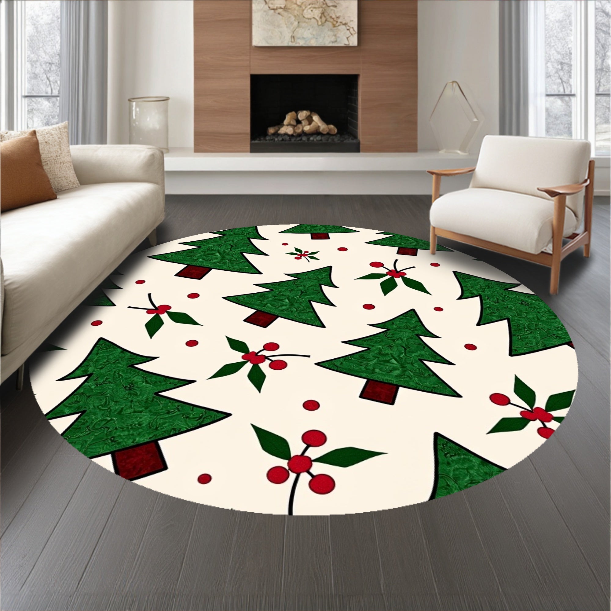 Charming Christmas Tree Patchwork with Holly Berry Accents(Beige)