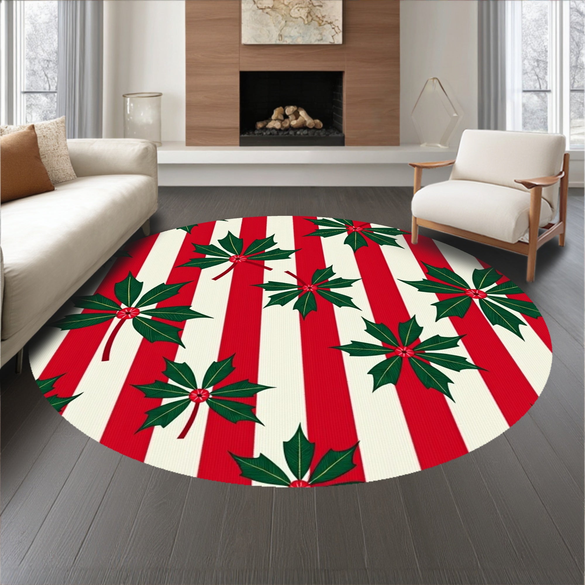 Cane Stripe Holiday with Holly Leaf Accents(Red)