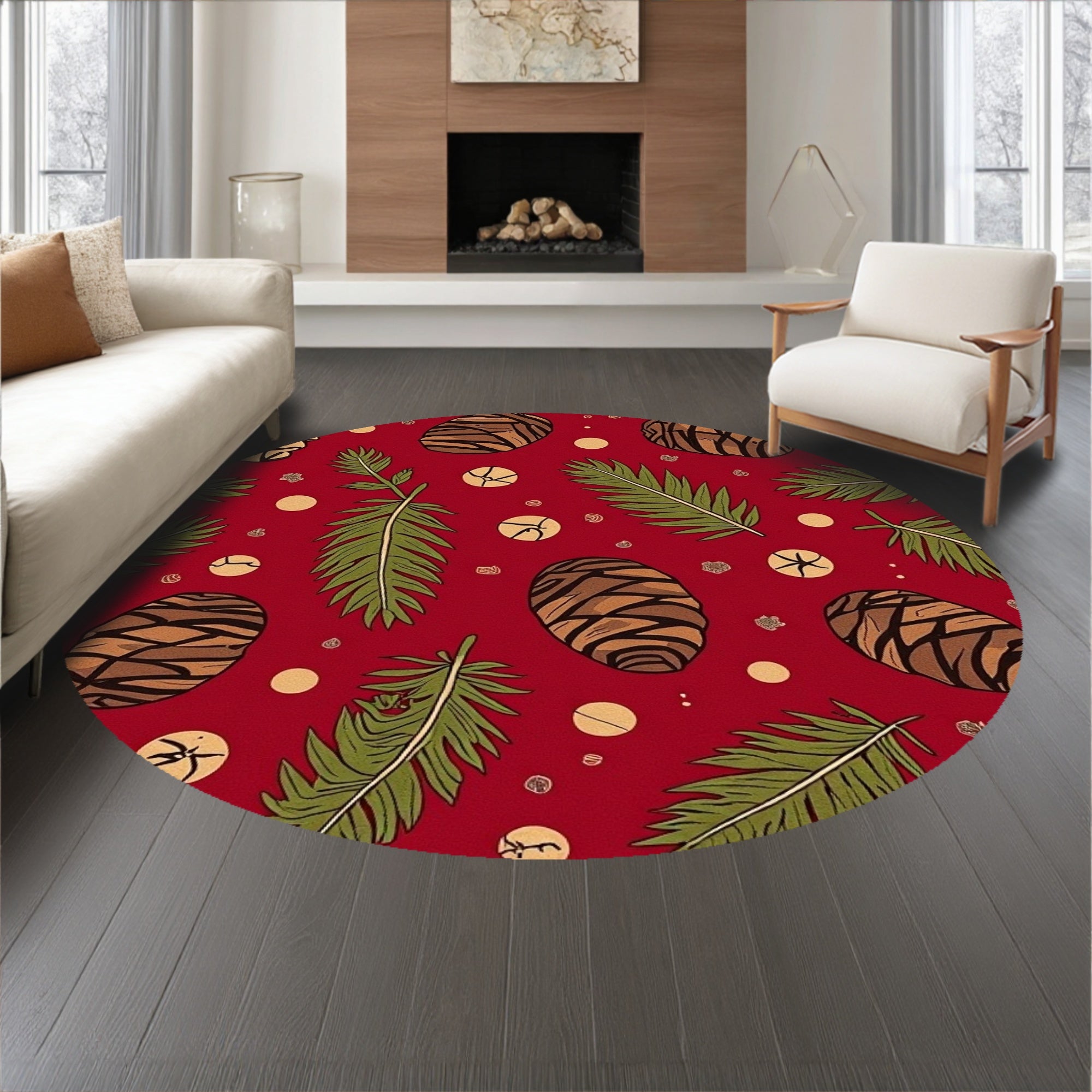 Winter Pine Cone Scatter Design Floor with Evergreen Branch Motifs(Red)