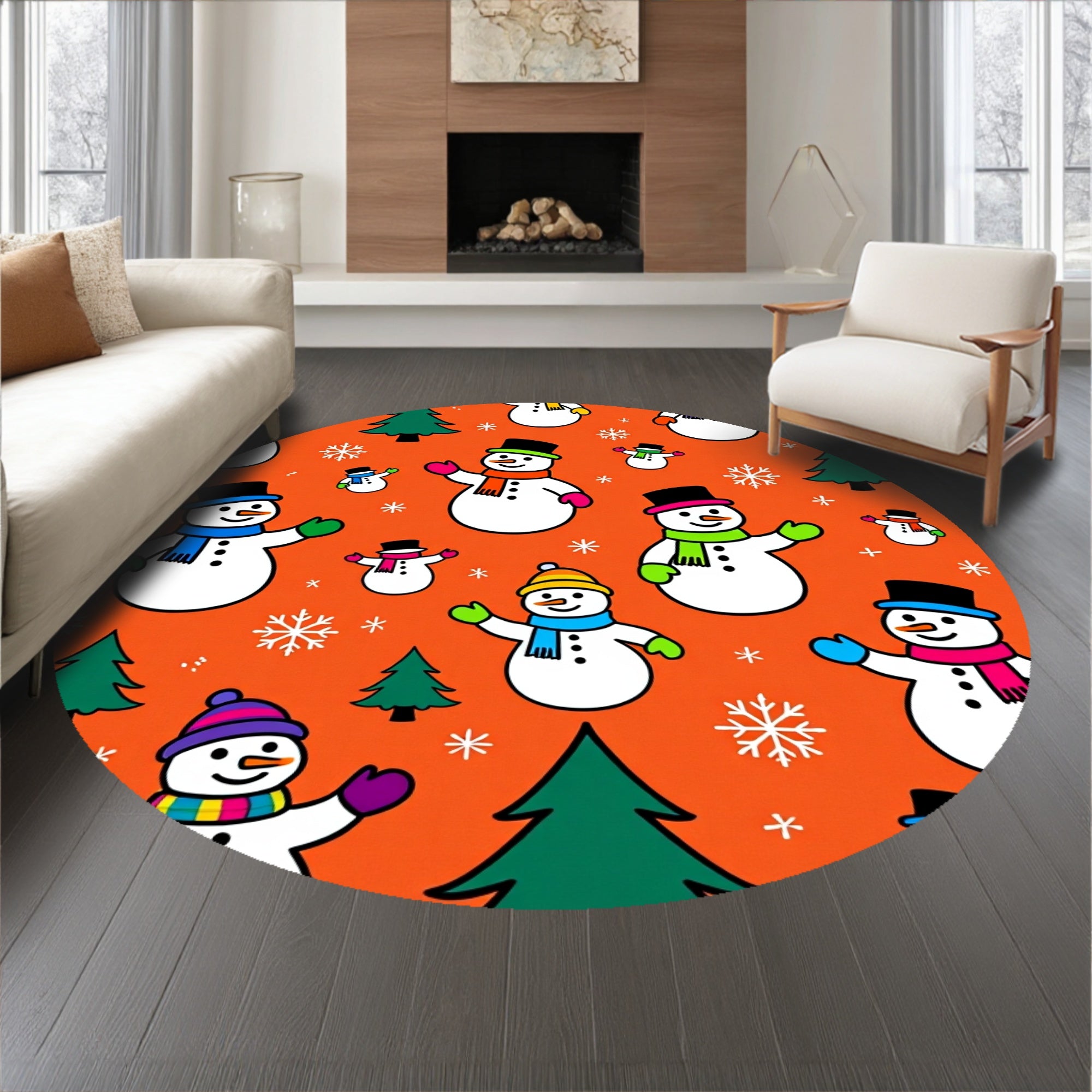 Jolly Snowman Family Scene Holiday with Pine Tree Accents(Orange)