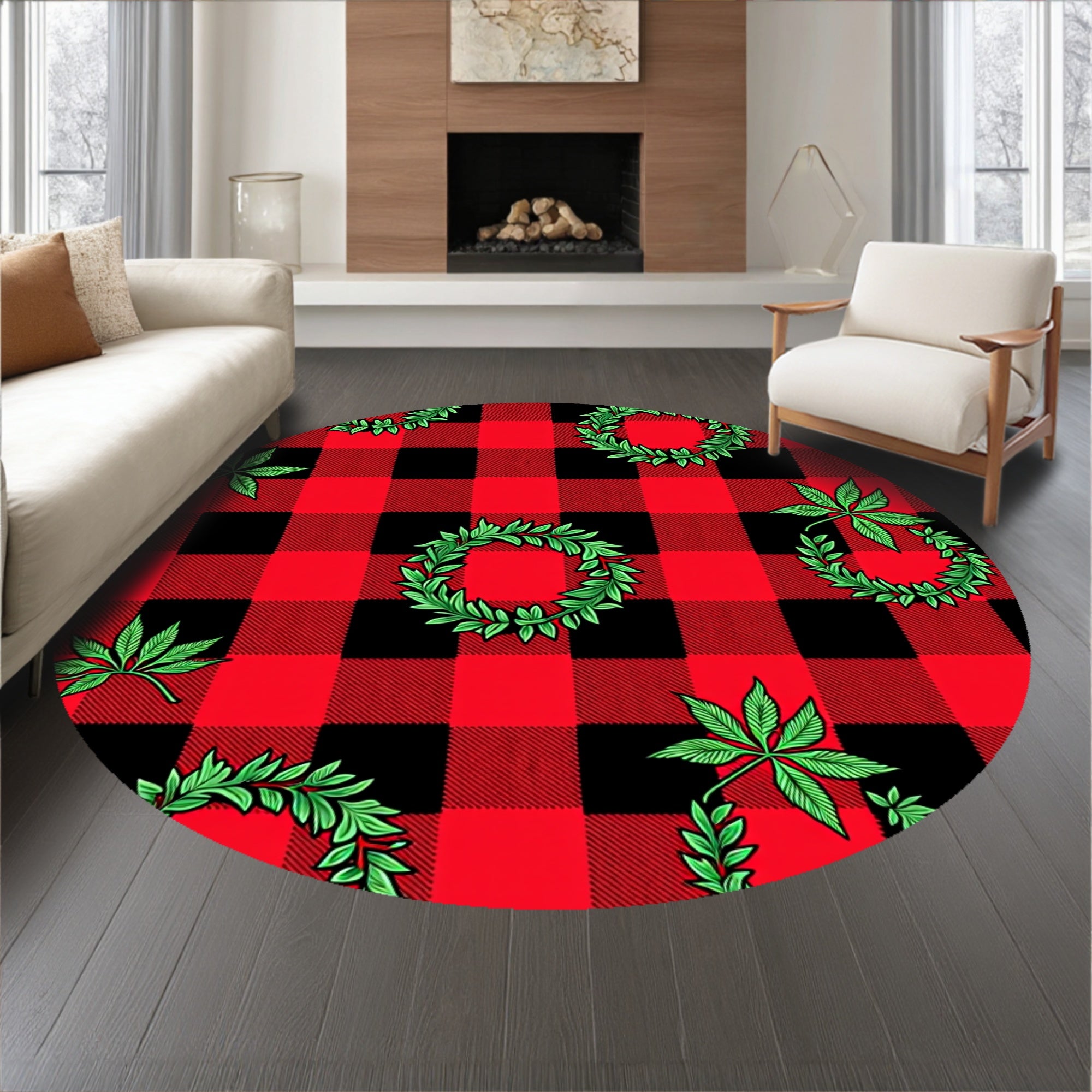Festive Buffalo Check Doormat with Holiday Wreath Motifs(Red)