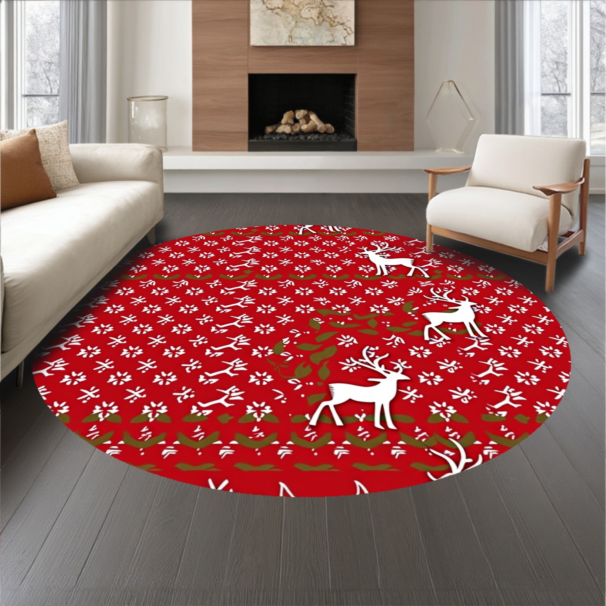 Charming Holiday Forest with Stylized Deer and Berry Sprigs(Red)