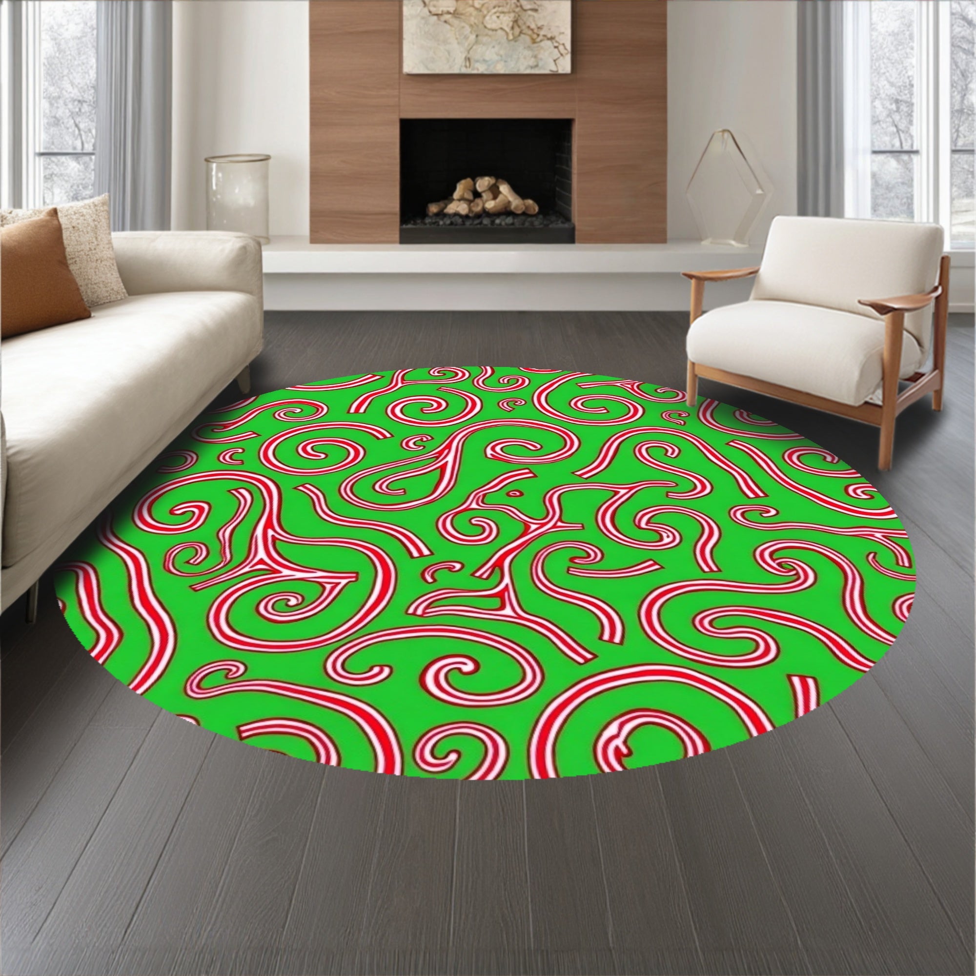 Winter Cane Stripe Floor Collection Swirl Motif(Green)