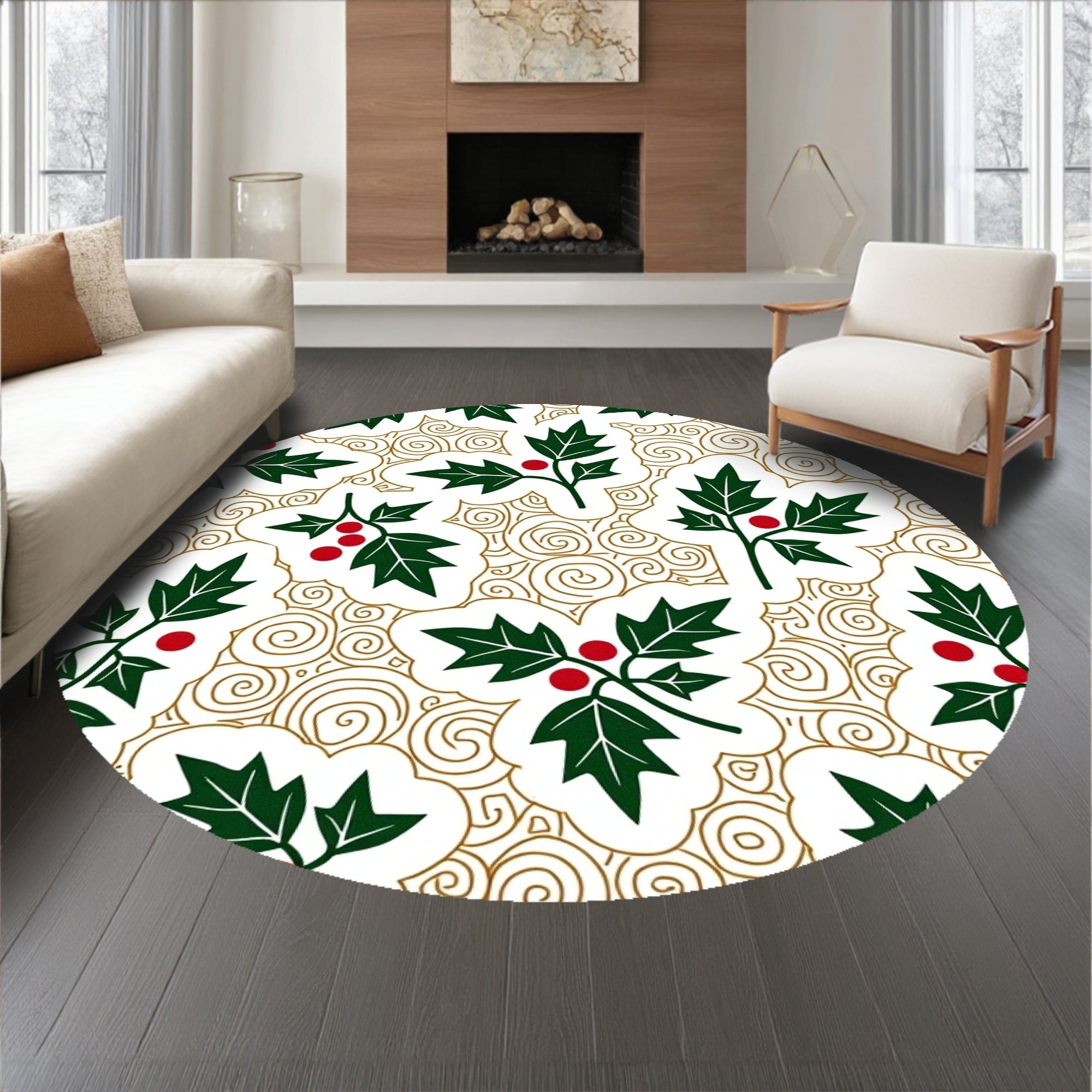 Elegant Holly Leaf with Crimson Berries and Subtle Swirling Lines(Green)