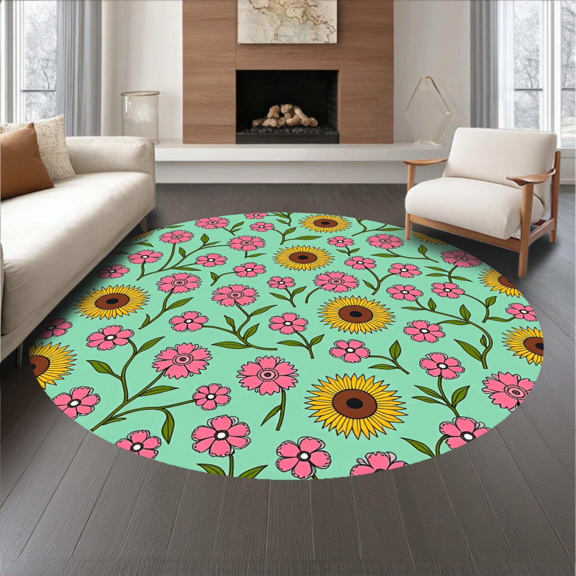 Artistic Sage Green and Pink Floral Mosaic with Sunflower Highlights (Pink) - ODIKA