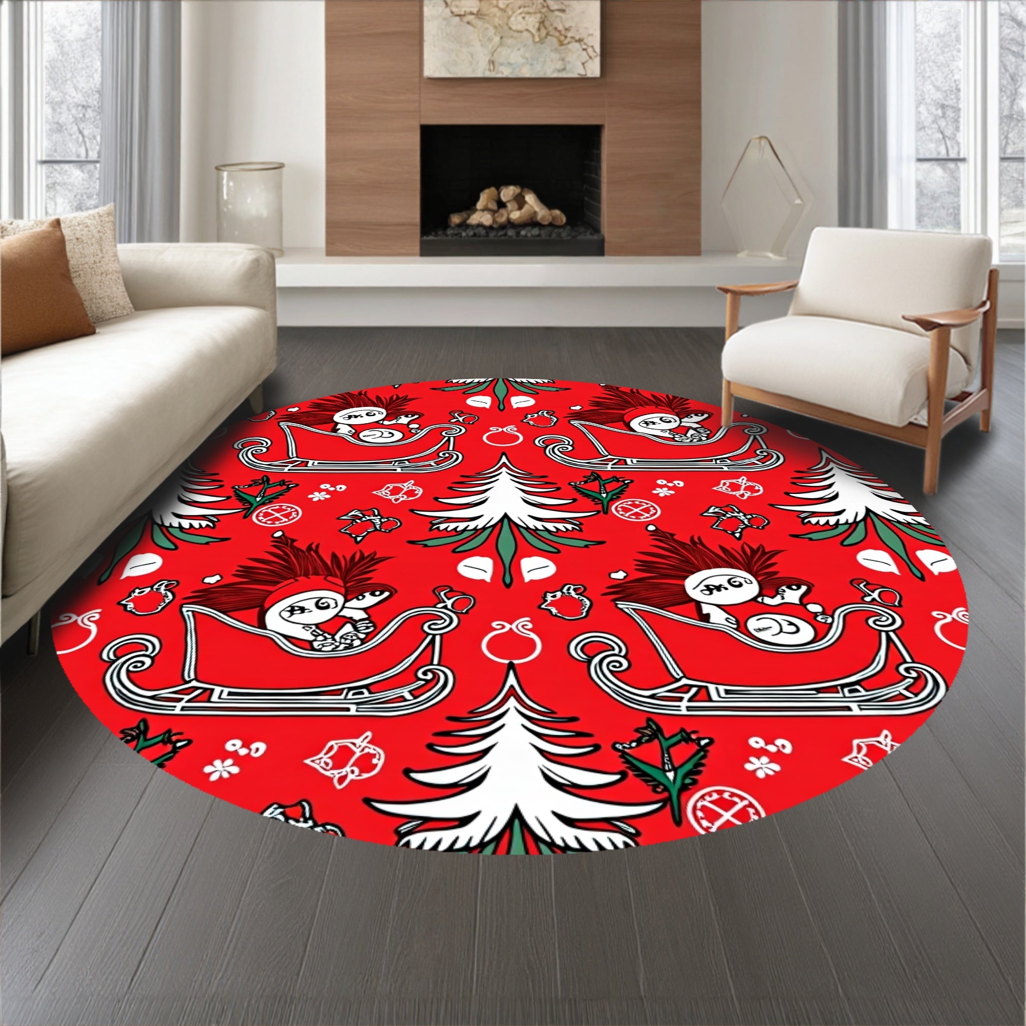 Festive Santa Sleigh and Pine Tree Motif with Snowflake Accents(Red)