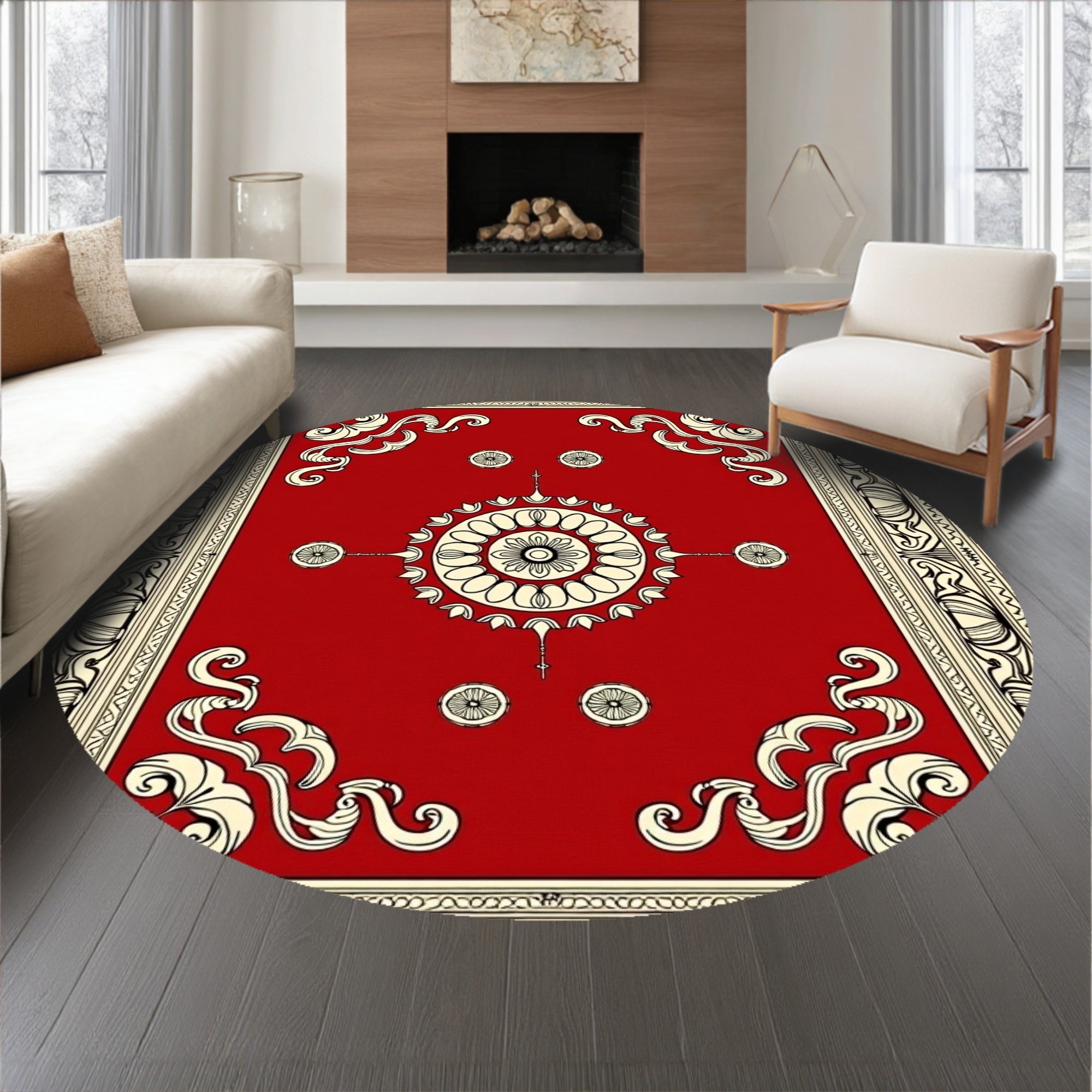 Interlocking Medallion With Ornate Border And Vintage Motif Accents(Red)