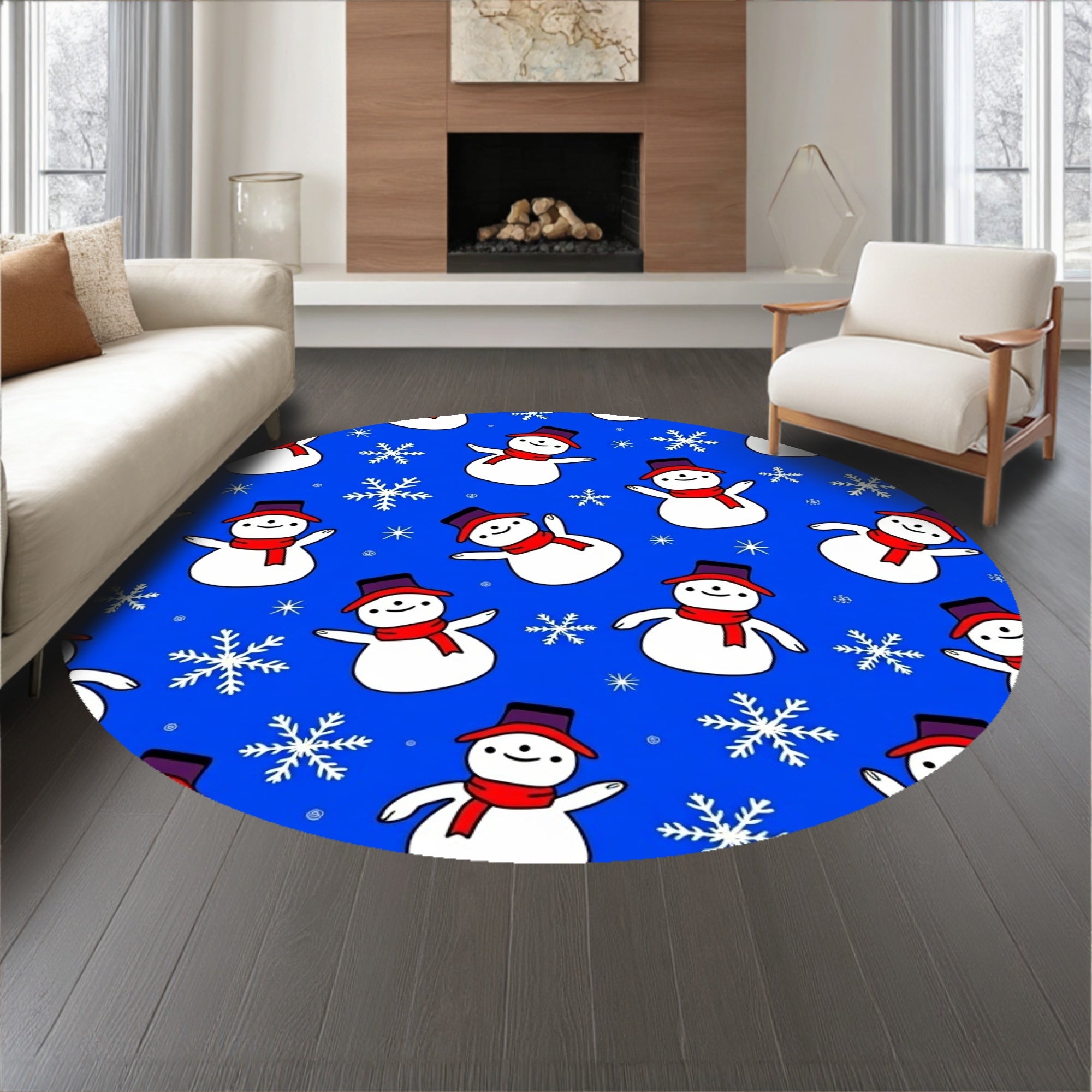 Whimsical Winter Characters with Scattered Frosty Snowflake Motifs(Blue)