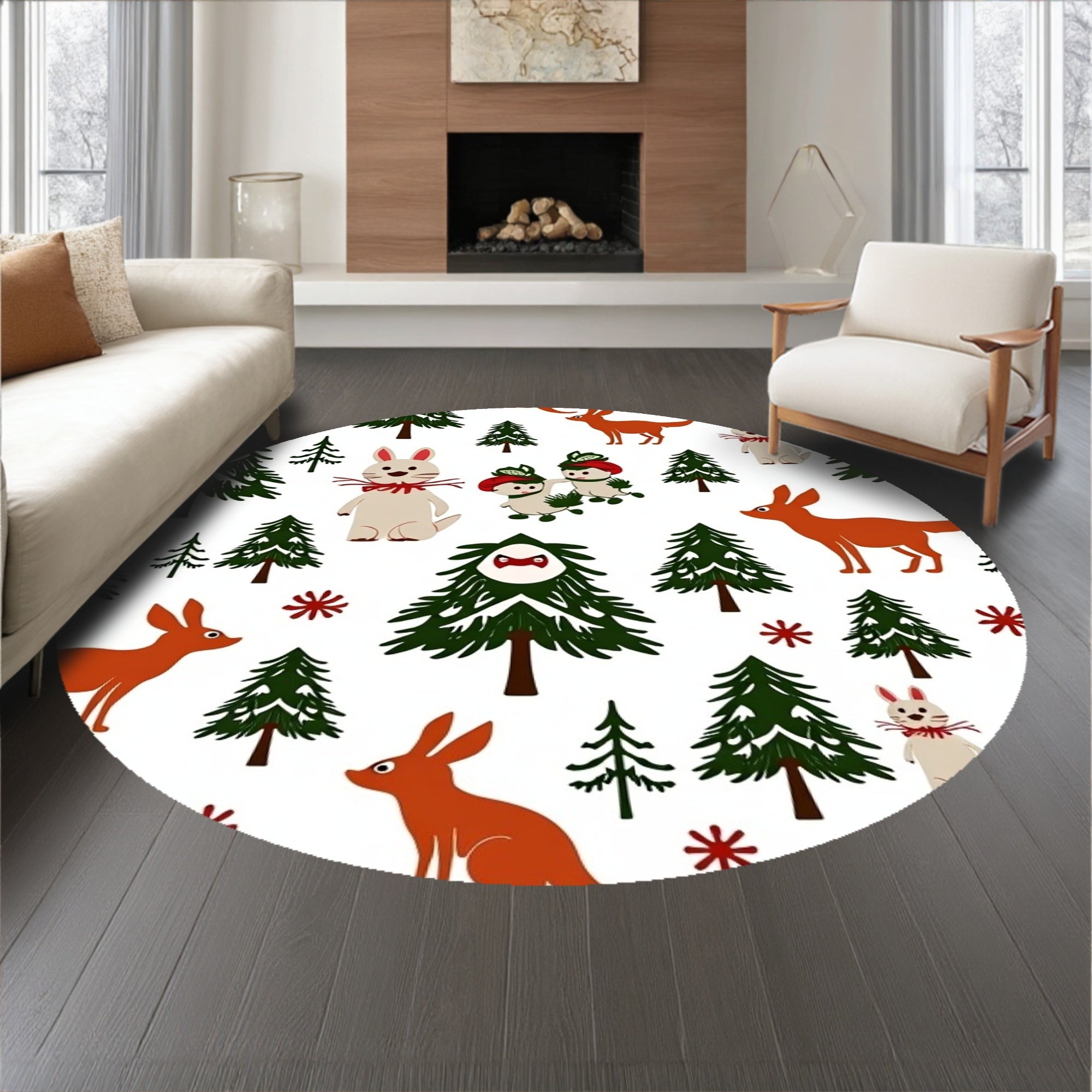Snowy Pine Forest with Woodland Creatures Holiday Accent(Green)