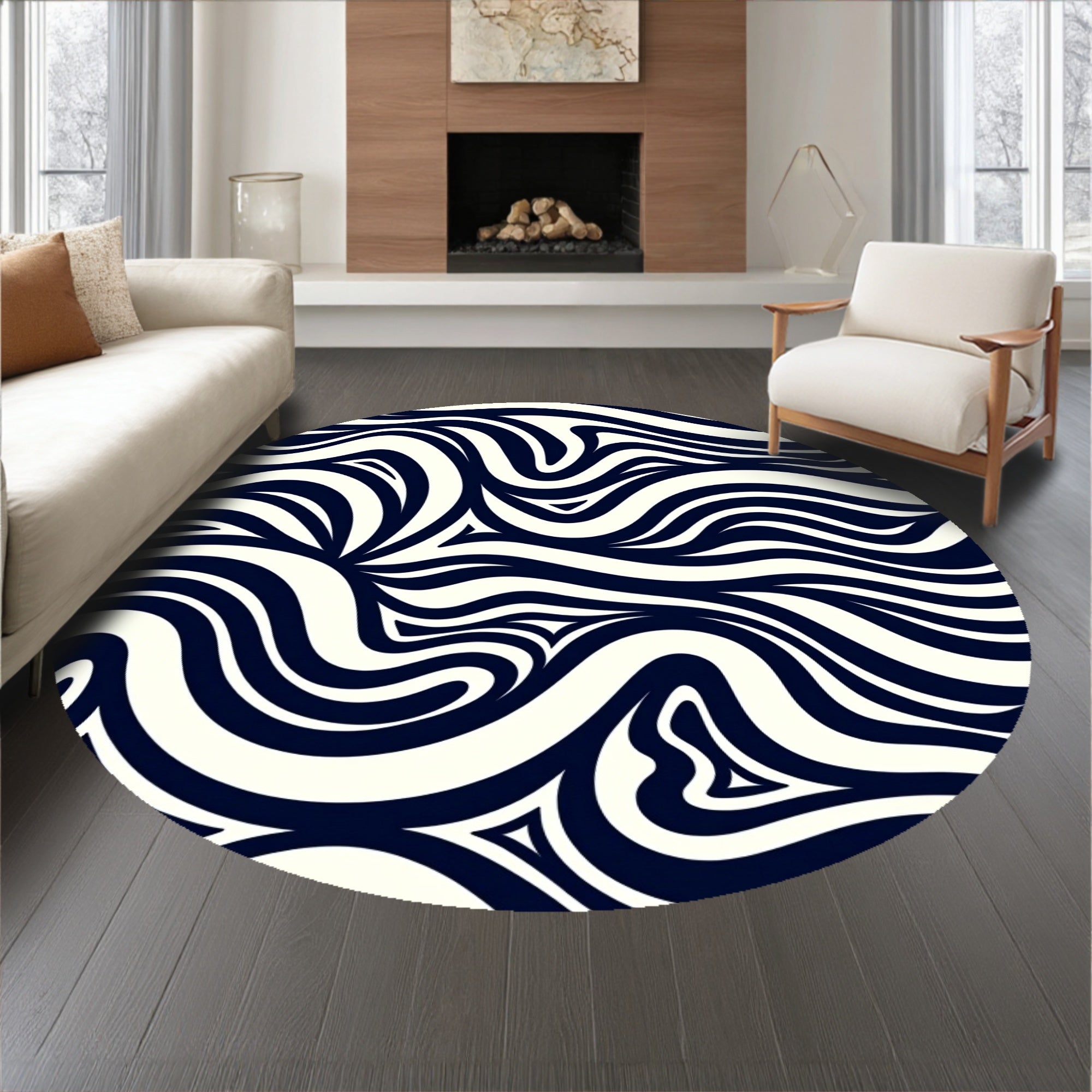 Abstract Wave Ripple Design Modern Contemporary Floor with Flow Motifs (Black) - ODIKA