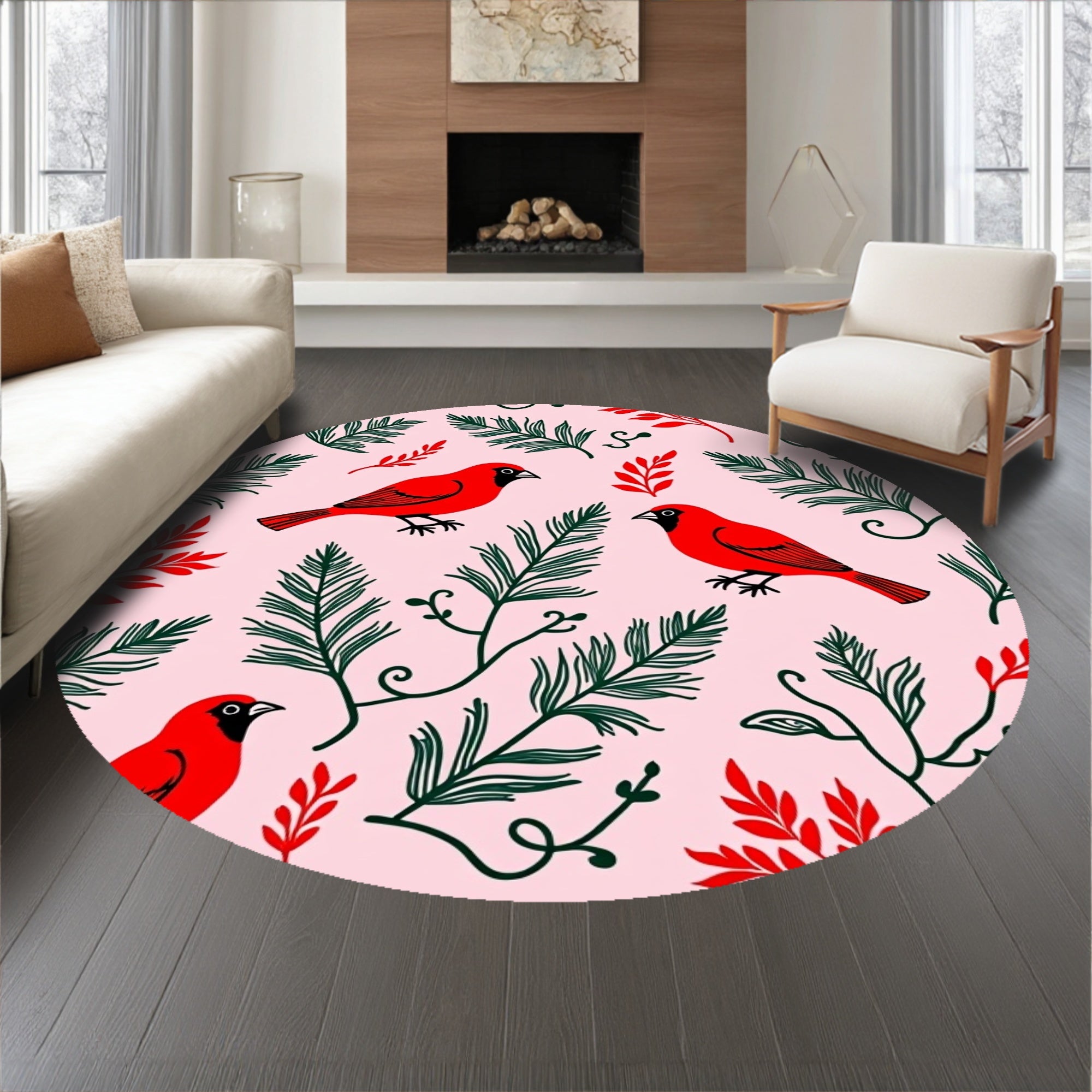Cardinal Botanical Print with Vine Scroll Accents(Red)