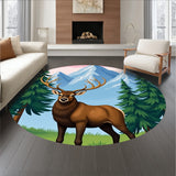 Dreamy Mountain Elk Pine Tree Landscape Floor(Brown)