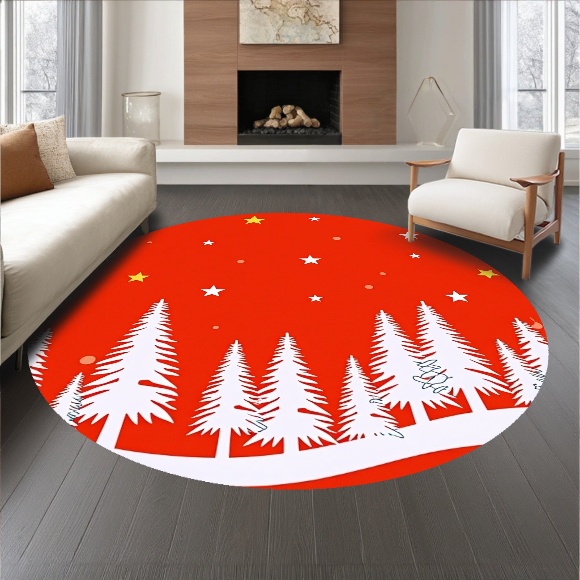 Classic Winter Pine Forest with Stylized Trees and Drifting Snow Motifs(Red)