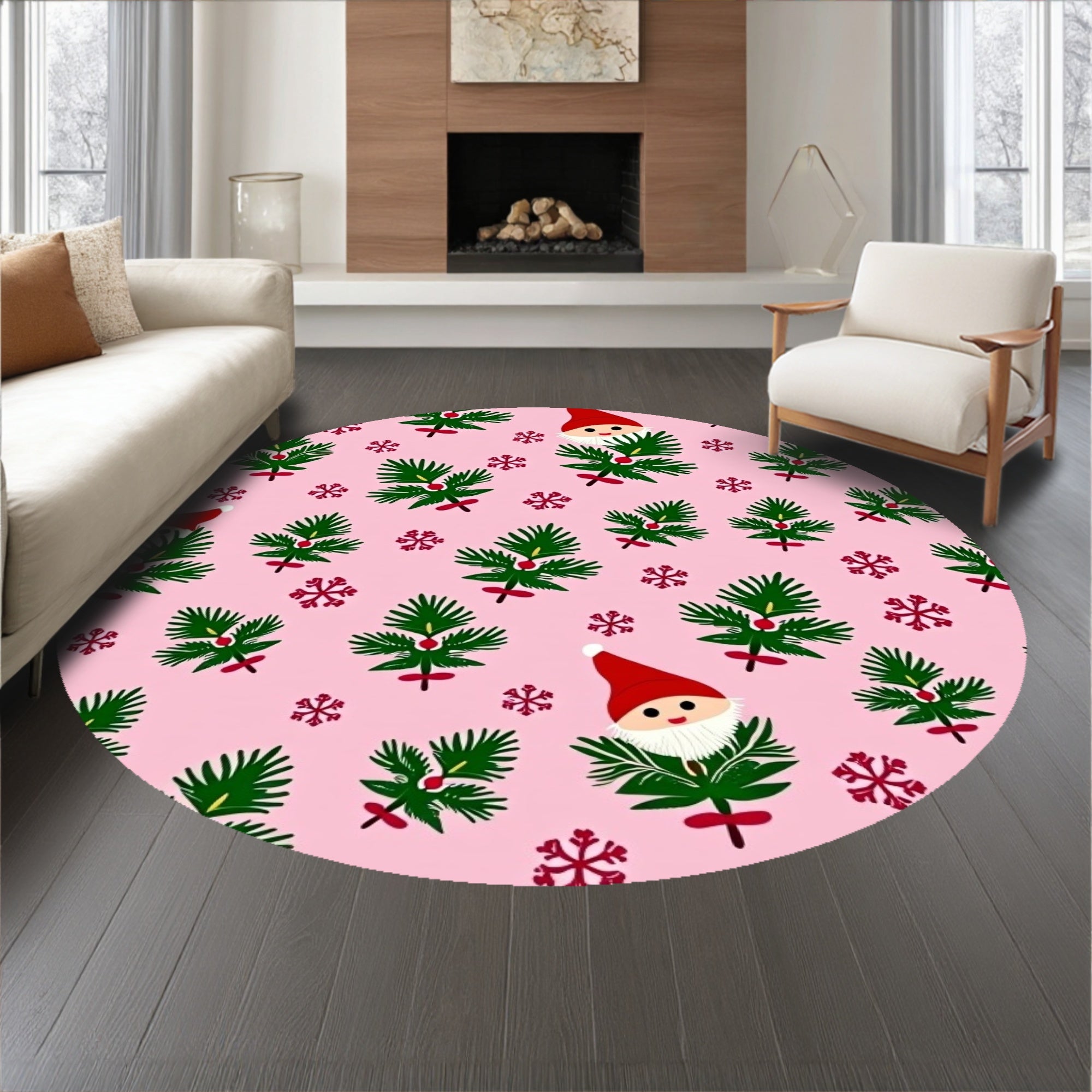 Whimsical Winter Forest Gnomes and Pine Bough Design with Gift Motif Details(Pink)
