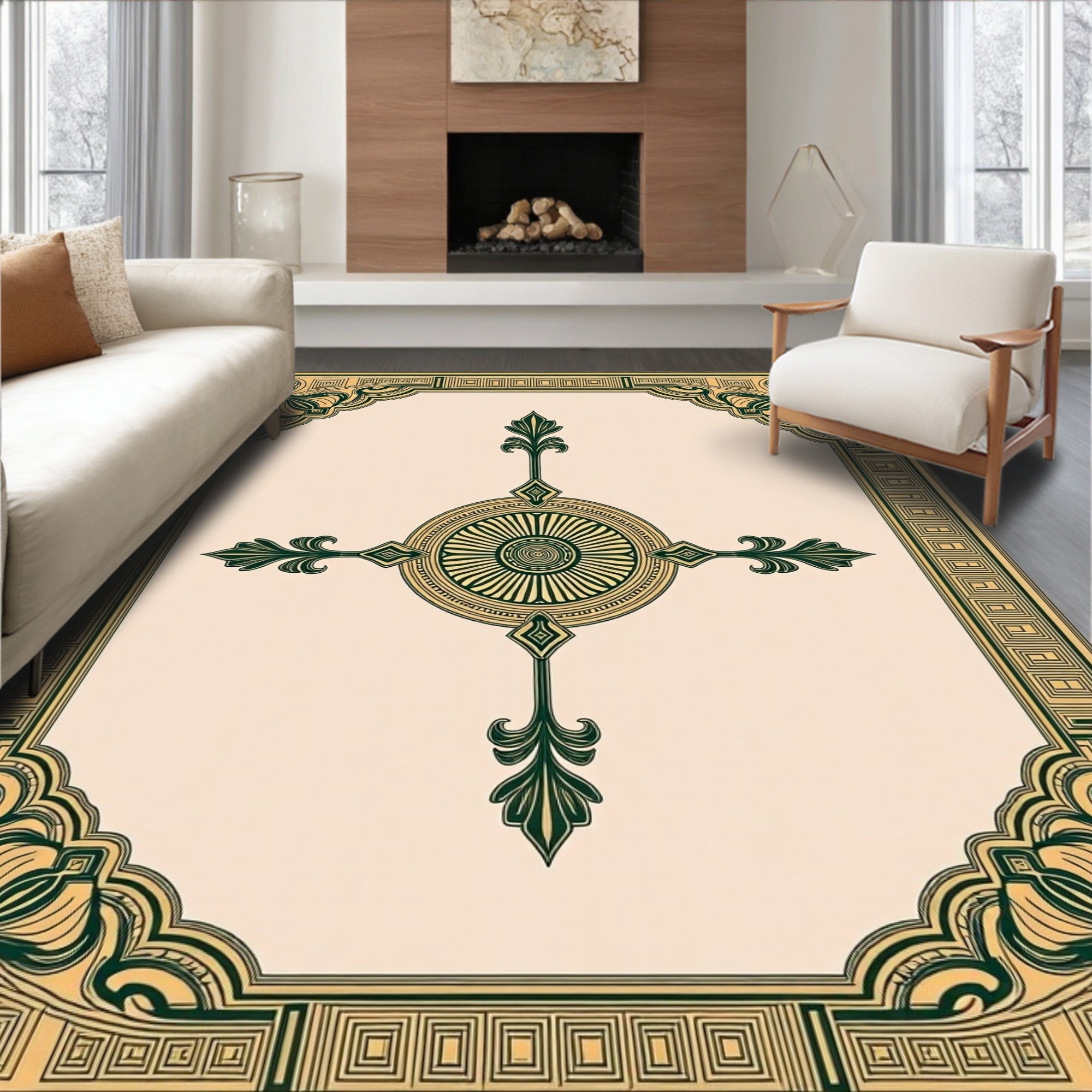 Vintage Inspired Medallion Design with Symmetrical Ornate Flourishes (Beige) - ODIKA