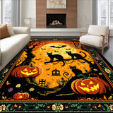 Spooky Halloween Coir Rug Black Cats & Pumpkins Welcome Mat(Black)