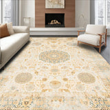 Classic Low Pile Area With Faded Ornamental Medallion Motifs(Beige)