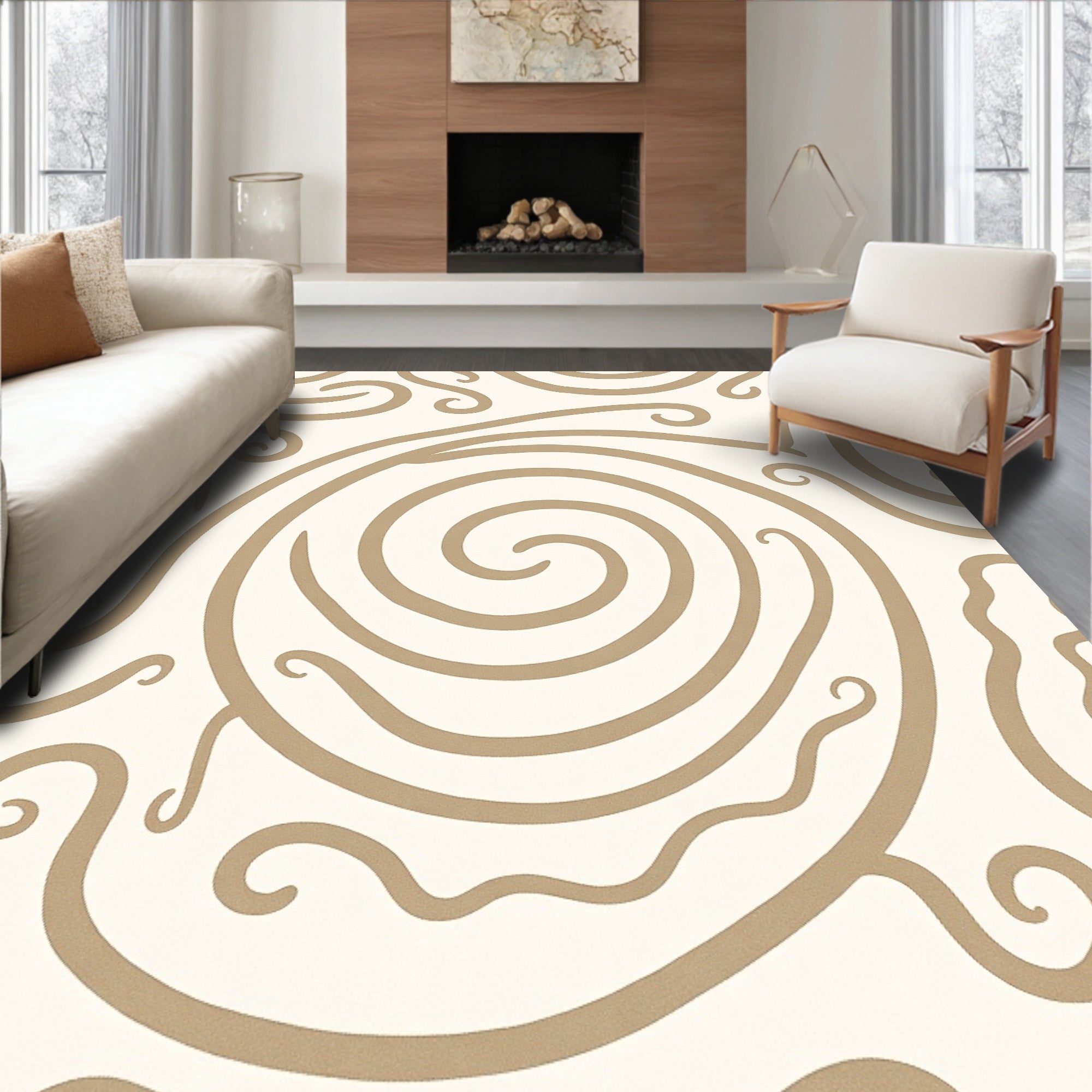 Minimalist Spiral Wave Contemporary Abstract Floor Covering (Beige) - ODIKA