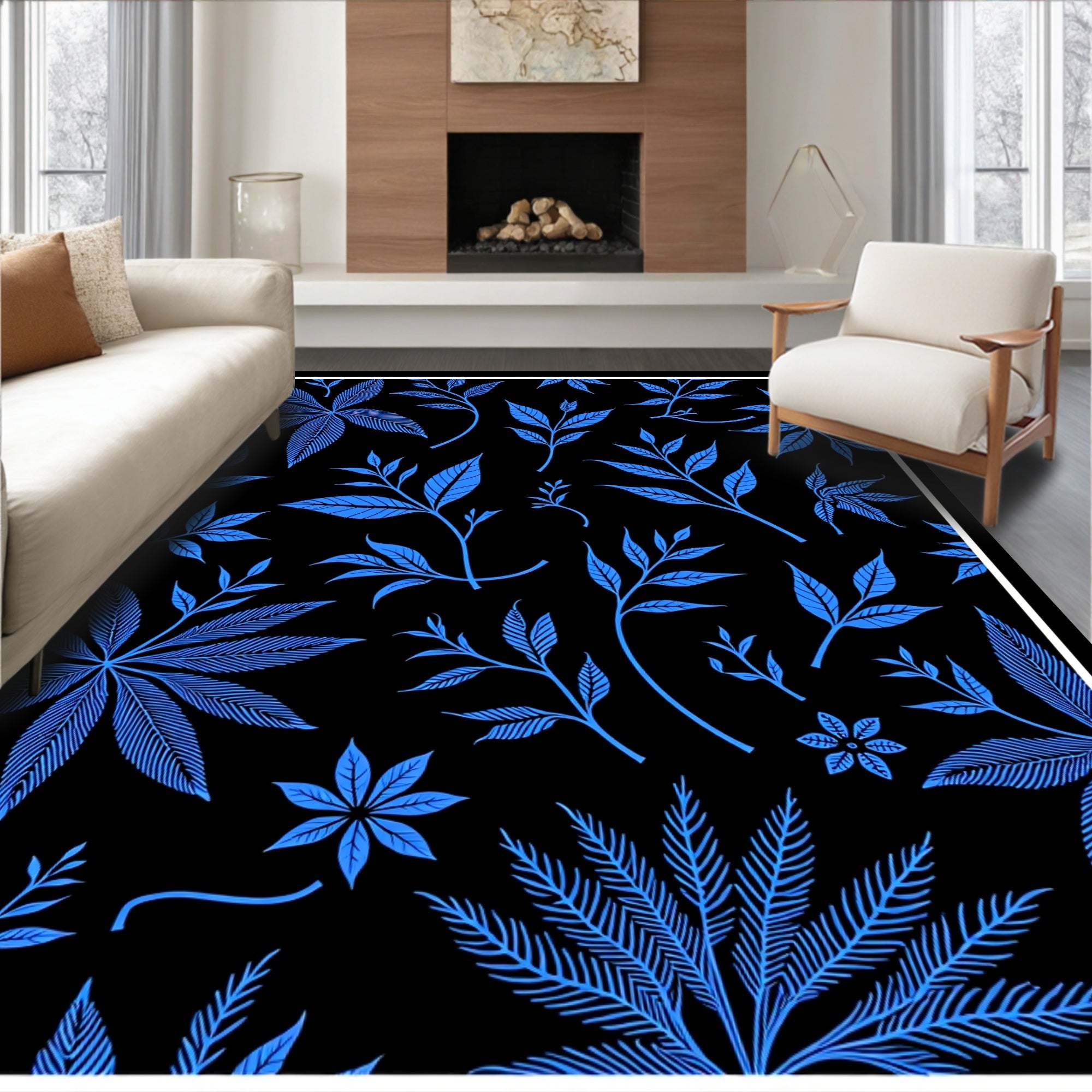 Midnight Jungle Wonderland With Exotic Blossoms Illustrated (Blue) - ODIKA