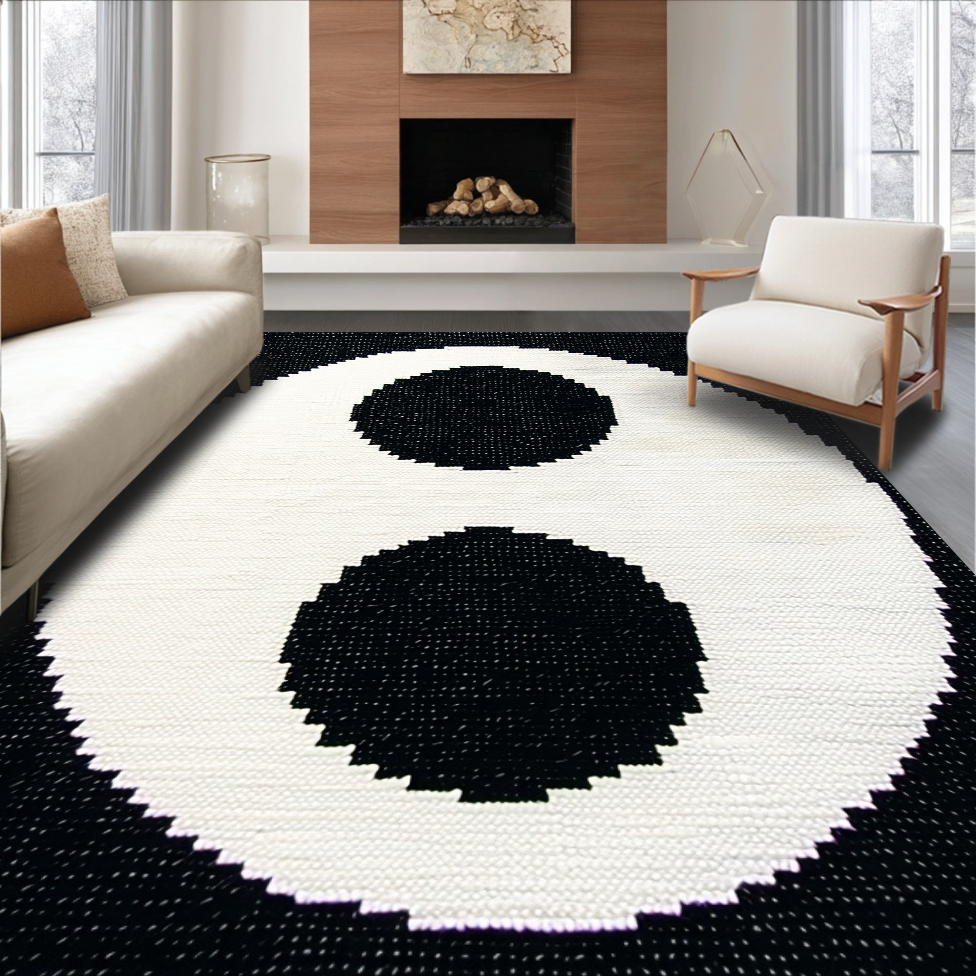 Ultra Soft Area Rug, Non Slip, Stain Resistant, Washable Area Rugs for Living Room, Bedroom, Modern Circular Living Room Washable Accent Rug(Black)