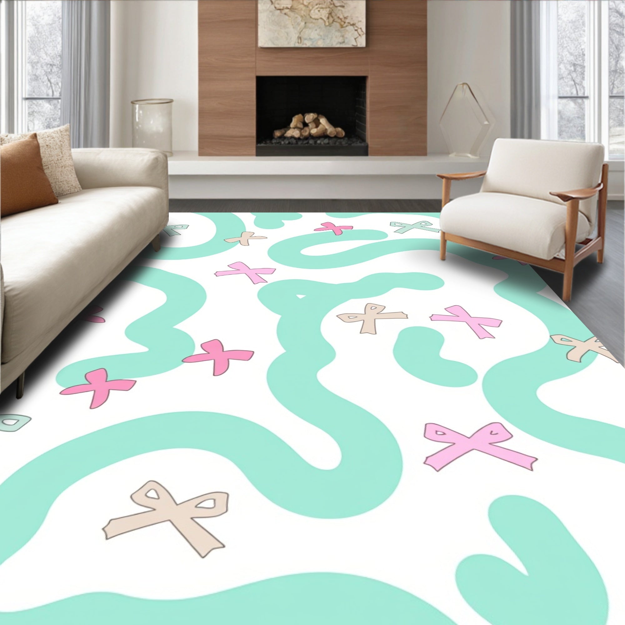 Abstract Cloudscape with Interlocking Pastel Shapes and Floating Bows (Green) - ODIKA