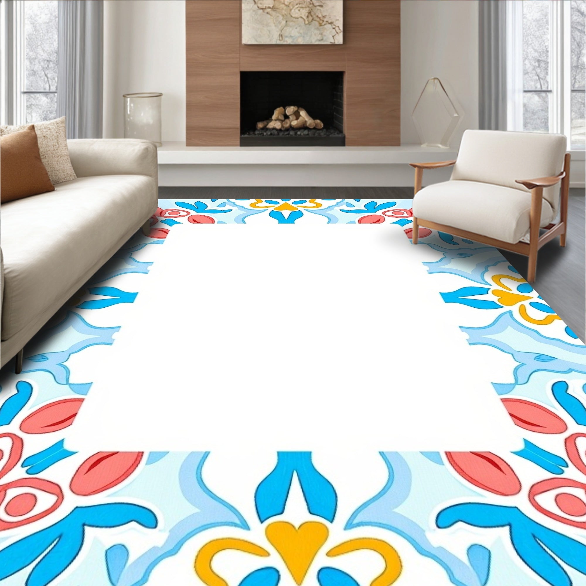 Delicate Floral Medallion Motifs in Repeating Symmetrical Layout (Blue) - ODIKA