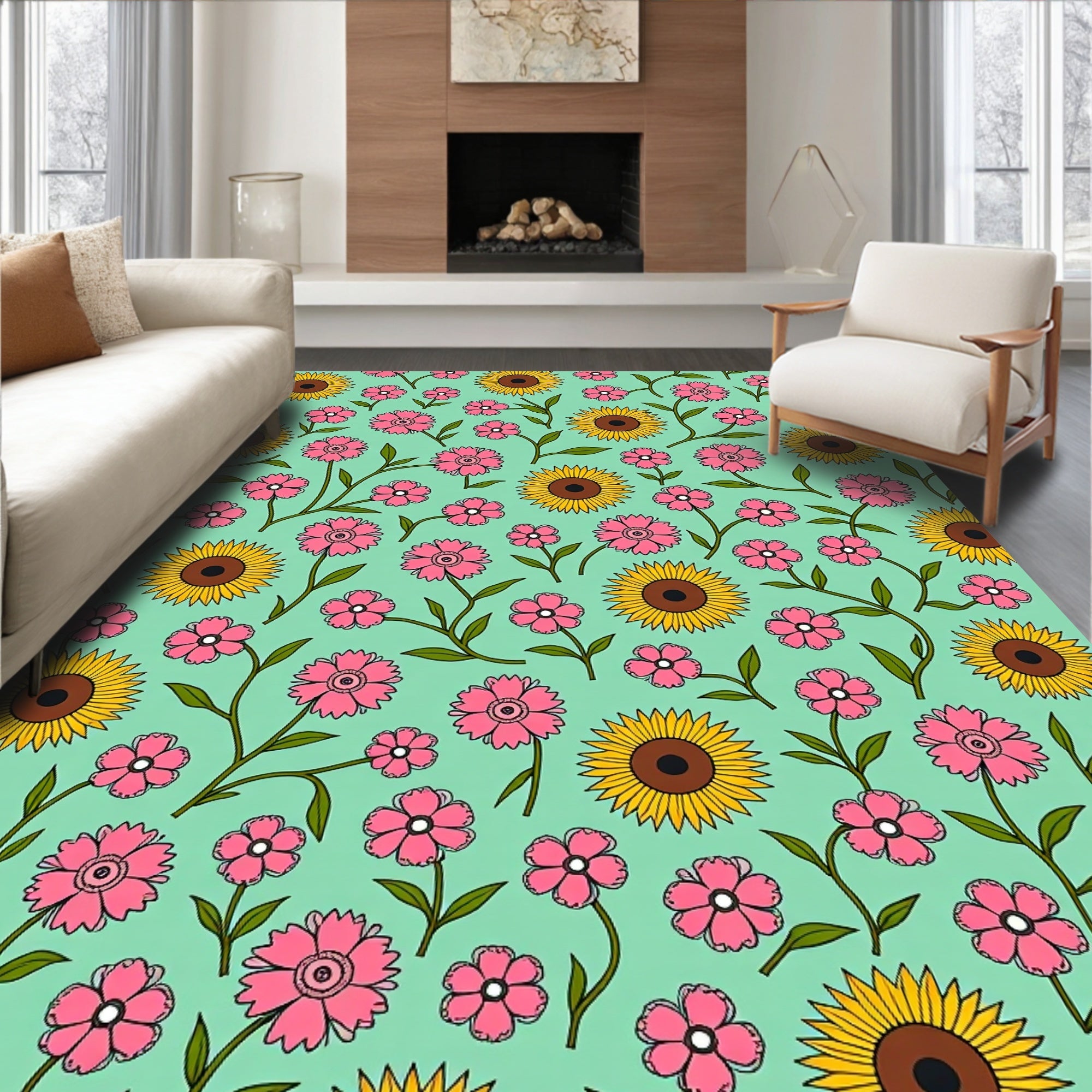 Artistic Sage Green and Pink Floral Mosaic with Sunflower Highlights (Pink) - ODIKA