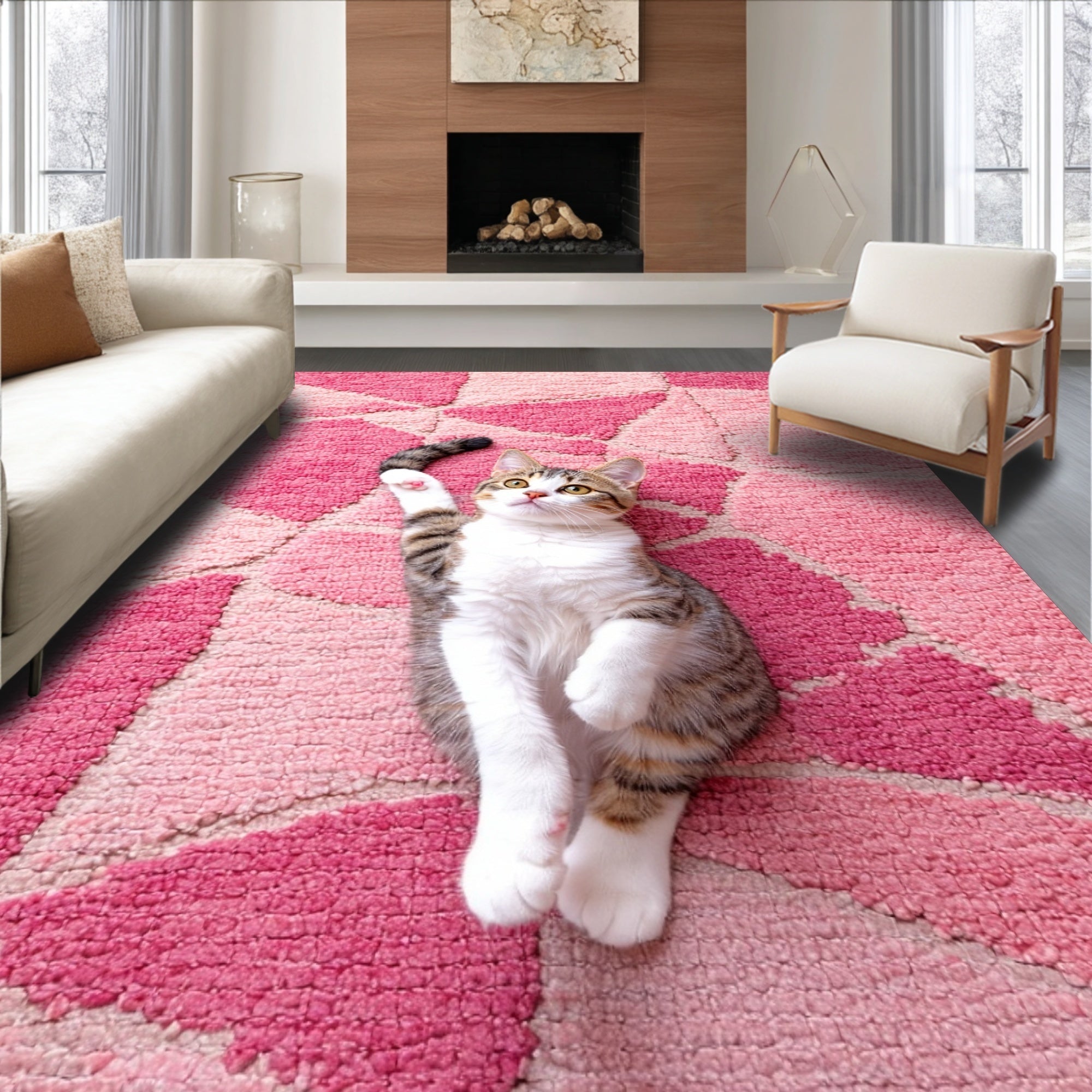 Ultra Soft Area Rug, Non Slip, Stain Resistant, Washable Area Rugs for Living Room, Bedroom, Modern Washable Cartoon Cat Playroom Carpet(Pink)