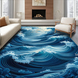 Large Area Rug for Deck Ocean Wave Design(Blue)