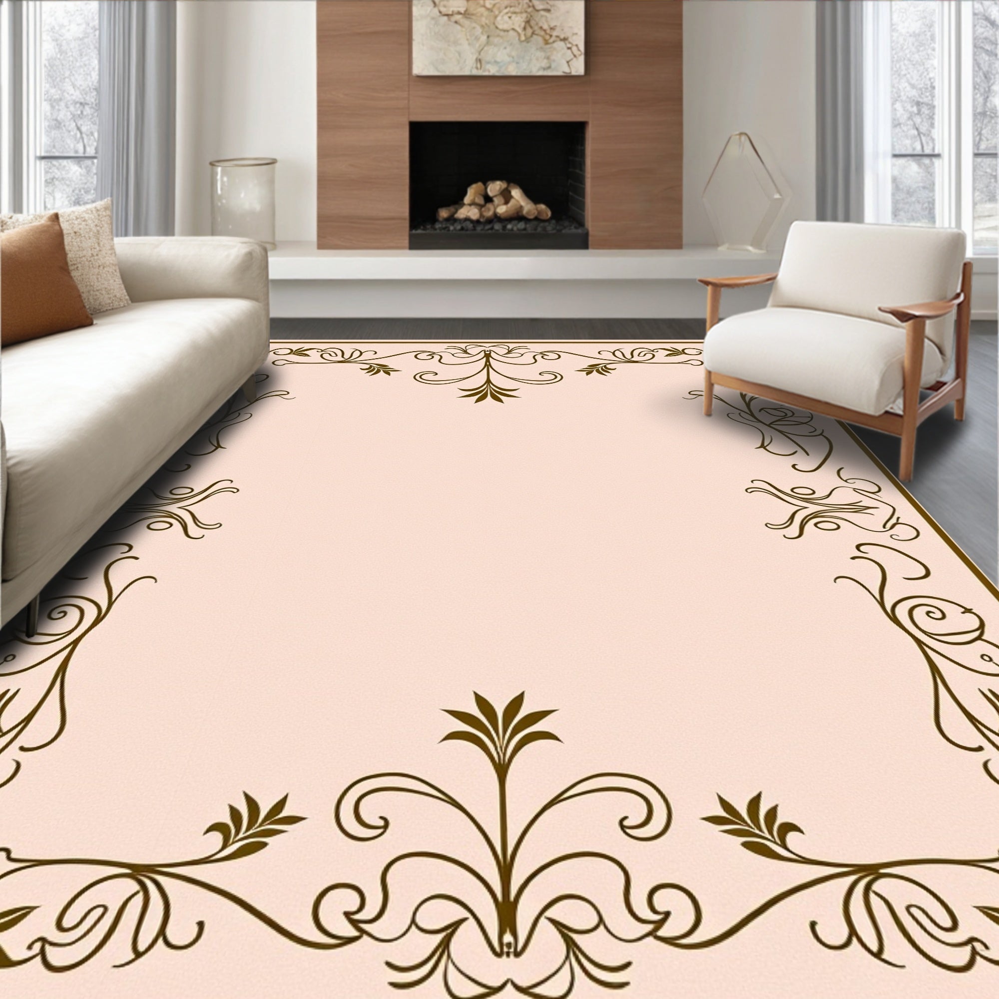Art Nouveau Scrollwork with Elegant Flourish and Stylized Leaves (Beige) - ODIKA