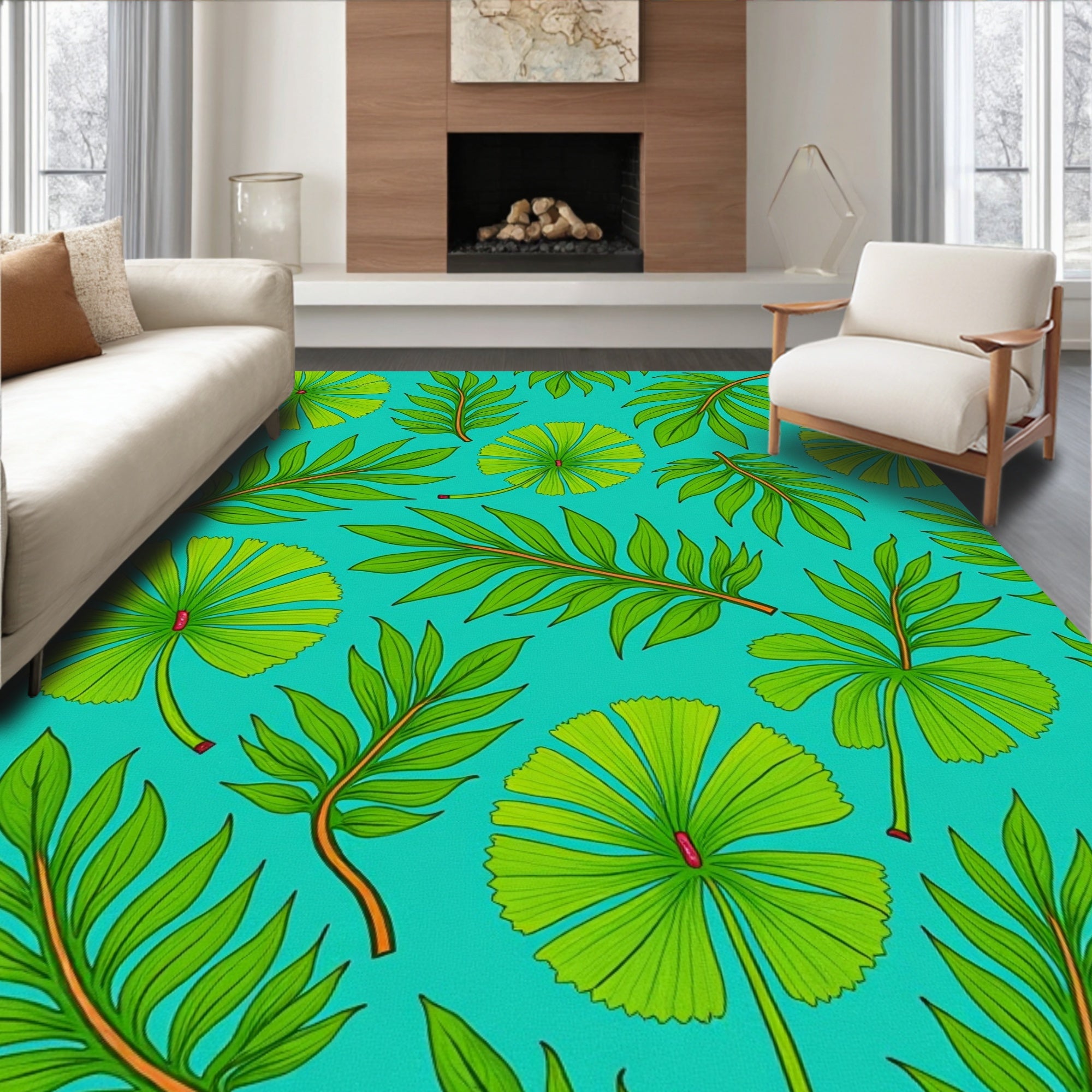 Monstera Leaf Mosaic with Interlocking Tropical Foliage Motifs (Blue) - ODIKA