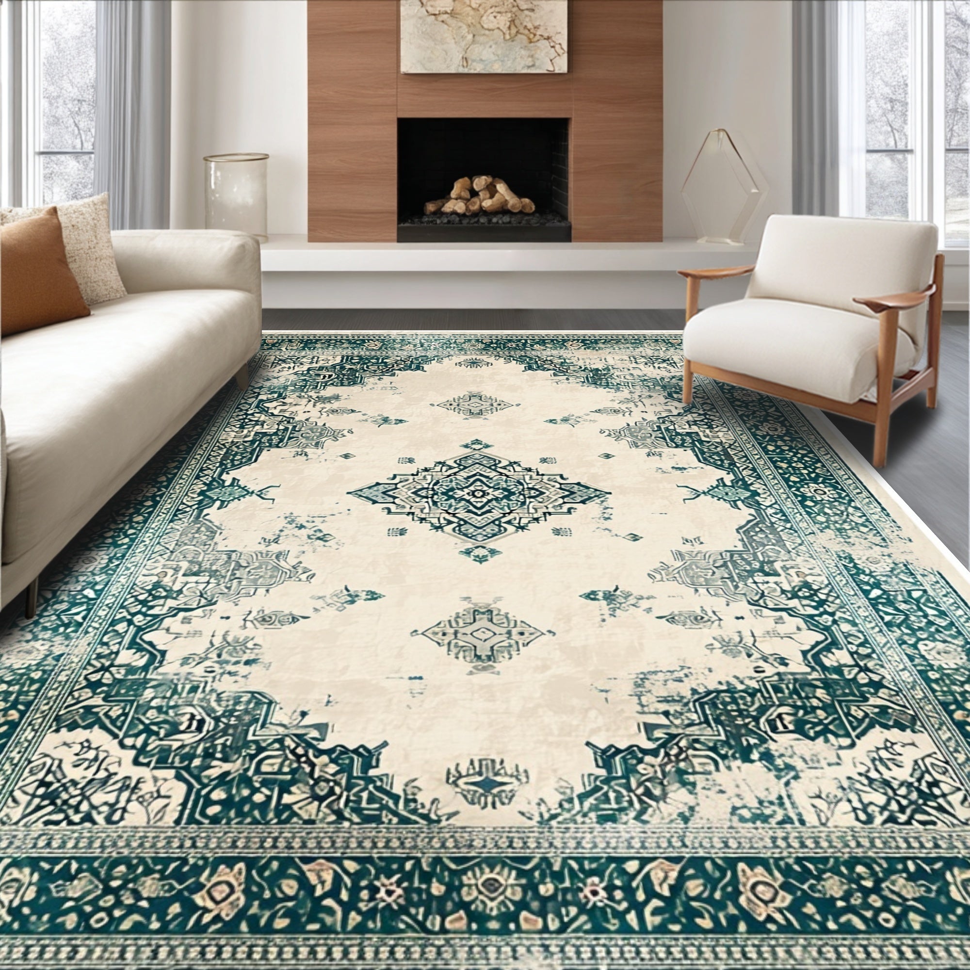 Ultra Soft Area Rug, Non Slip, Stain Resistant, Washable Area Rugs for Living Room, Bedroom, Vintage Neutral Bedroom Area Rug Non-Shedding(Ivory)