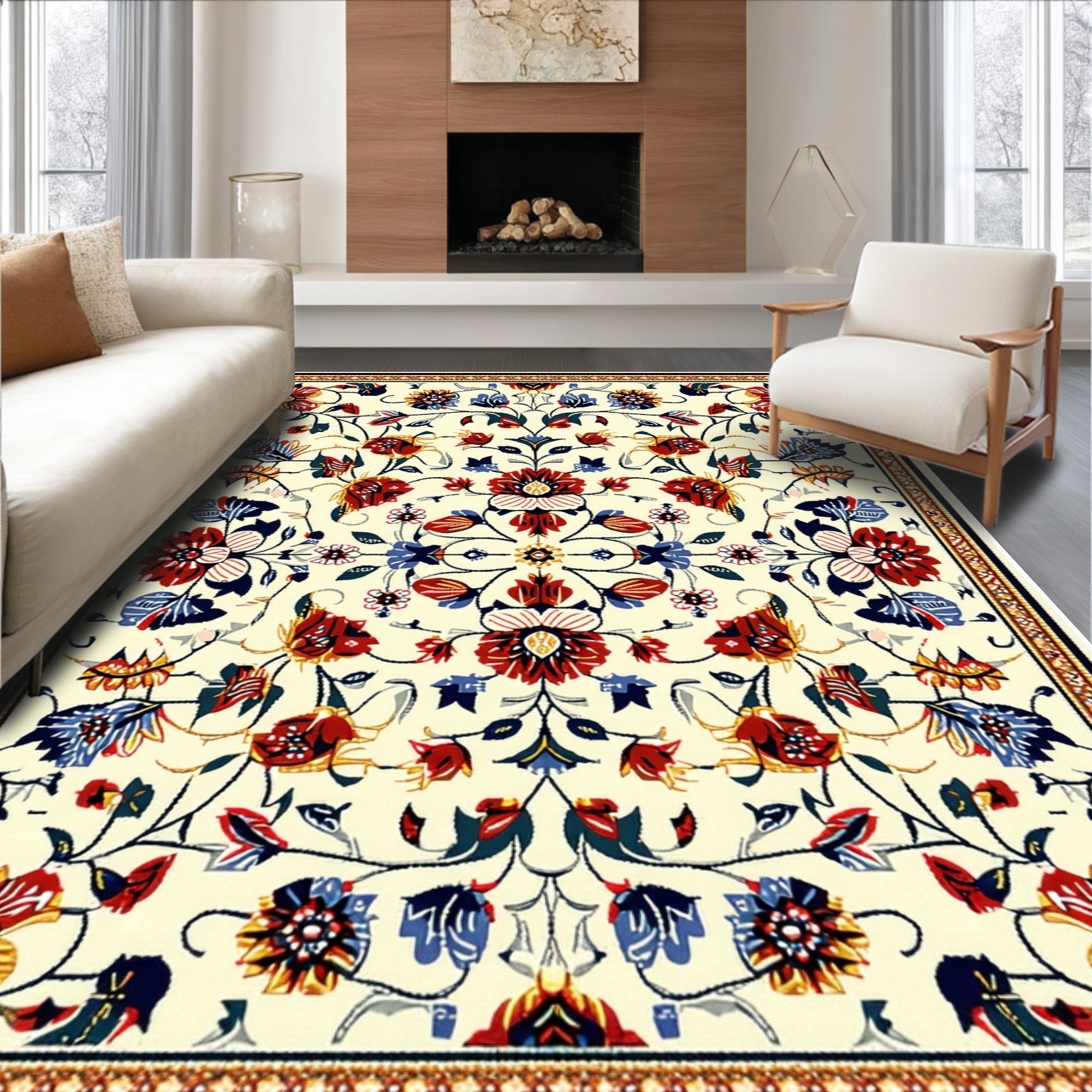 Ultra Soft Area Rug, Non Slip, Stain Resistant, Washable Area Rugs for Living Room, Bedroom, Folk Art Floral Living Room Vintage Area Rug(White)