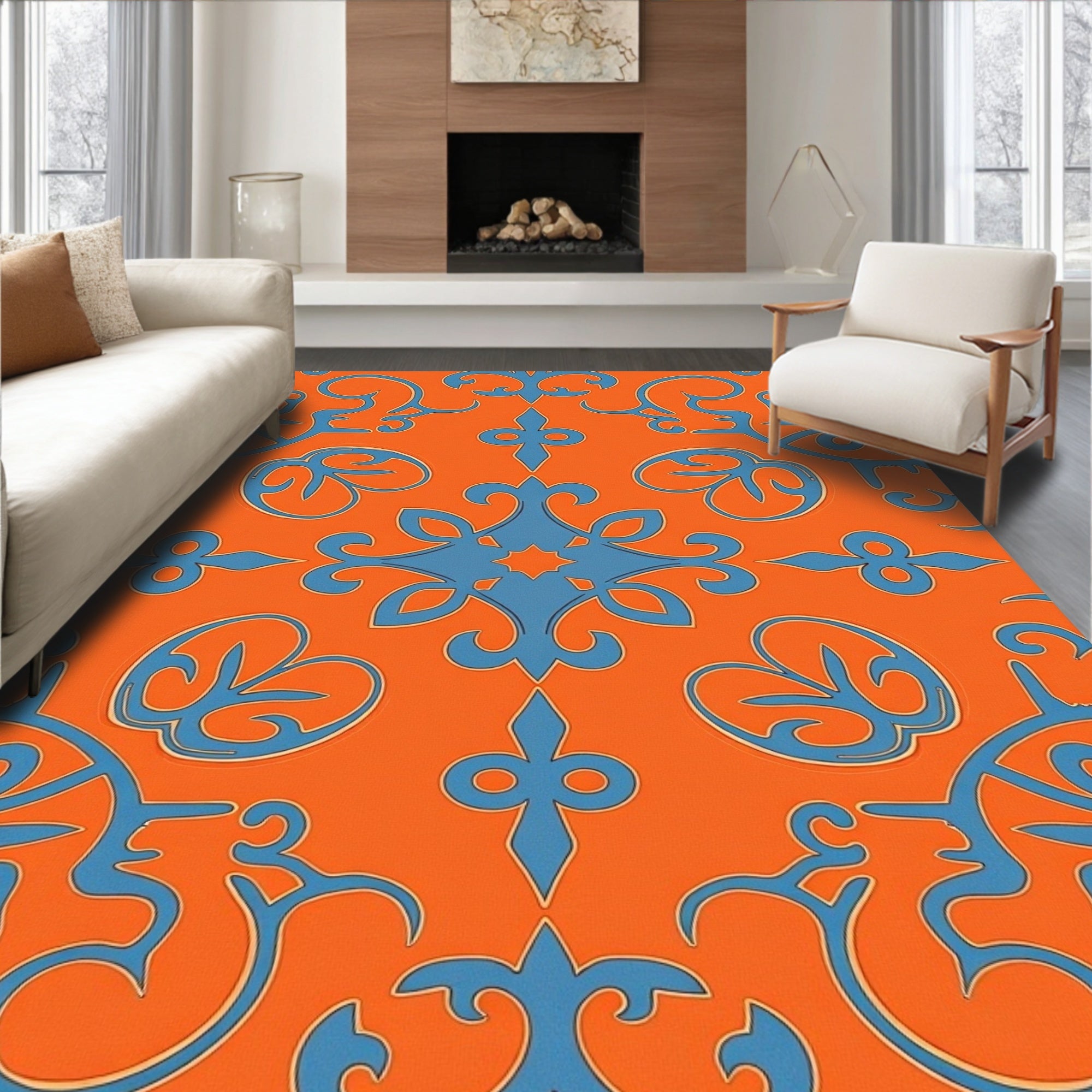 Vintage Ornate Damask with Flowing Scrolls and Abstract Floral (Orange) - ODIKA