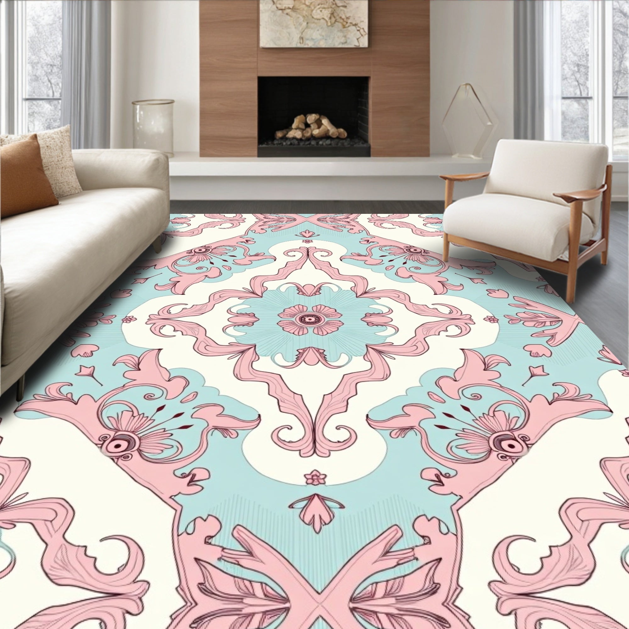 Distressed Floral Oushak Motif with Faded Classic Scrollwork and Shapes (Pink) - ODIKA