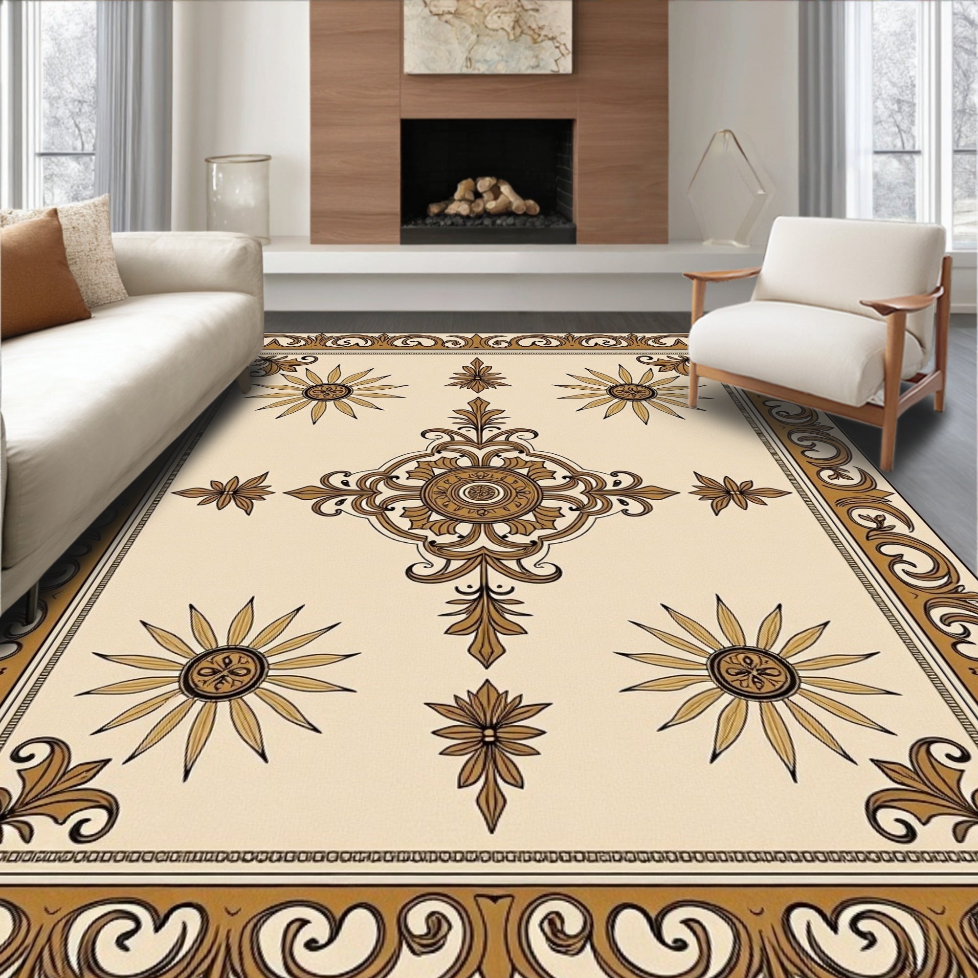 Scroll Heirloom Damask Symmetrical Radiant Ornament (Beige) - ODIKA