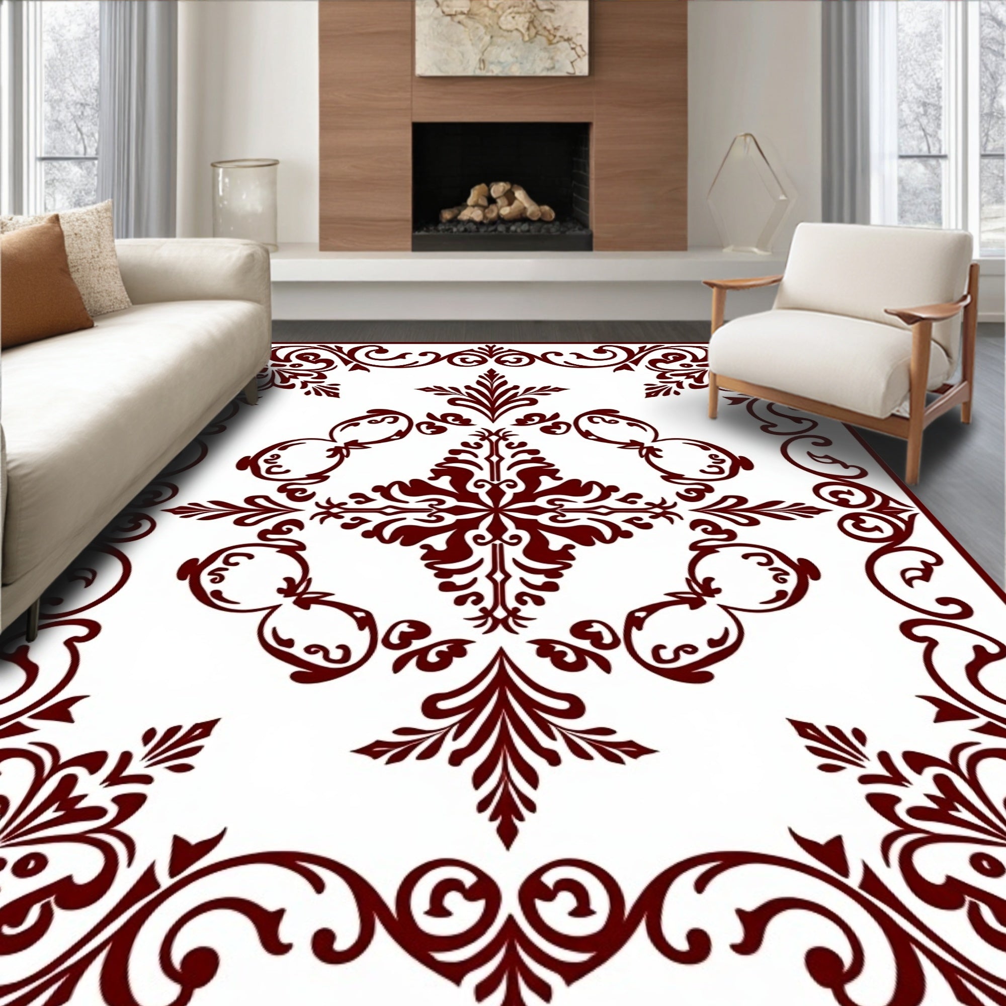 Classical Damask Heritage Design with Scrollwork Motifs (Maroon) - ODIKA