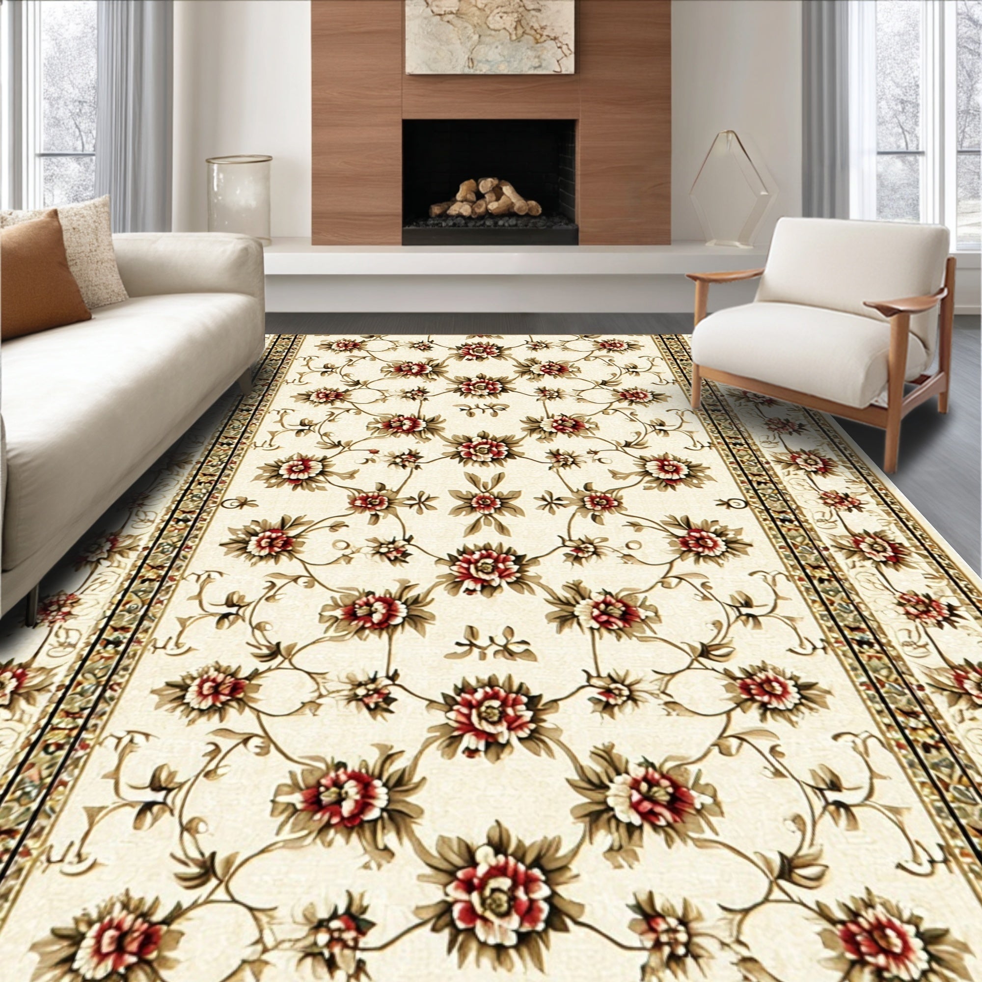 Ultra Soft Area Rug, Non Slip, Stain Resistant, Washable Area Rugs for Living Room, Bedroom, Neutral Vintage Floral Living Room Carpet(Beige)
