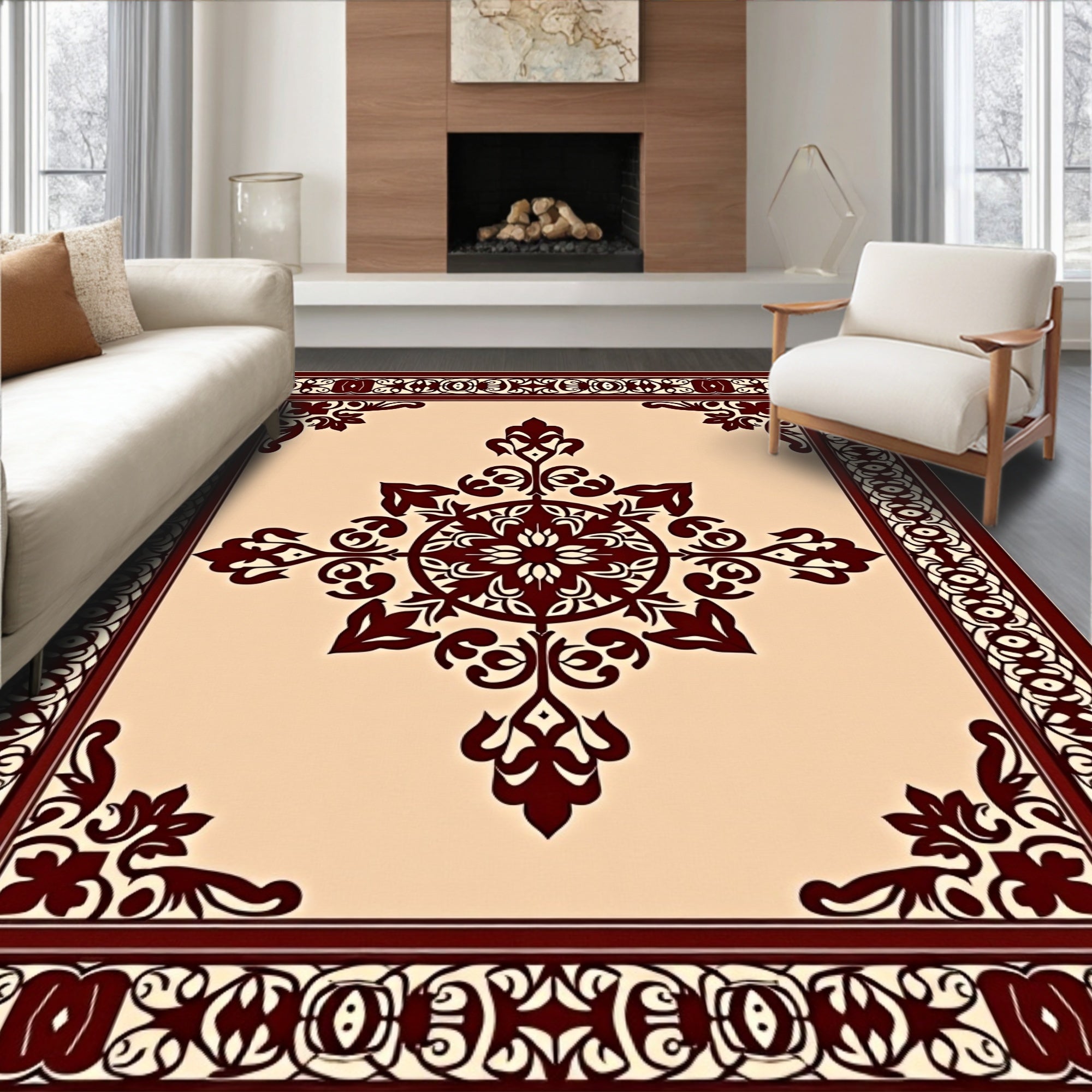 Ornate Medallion Blossom Design with Vintage Scrollwork Accents (Beige) - ODIKA