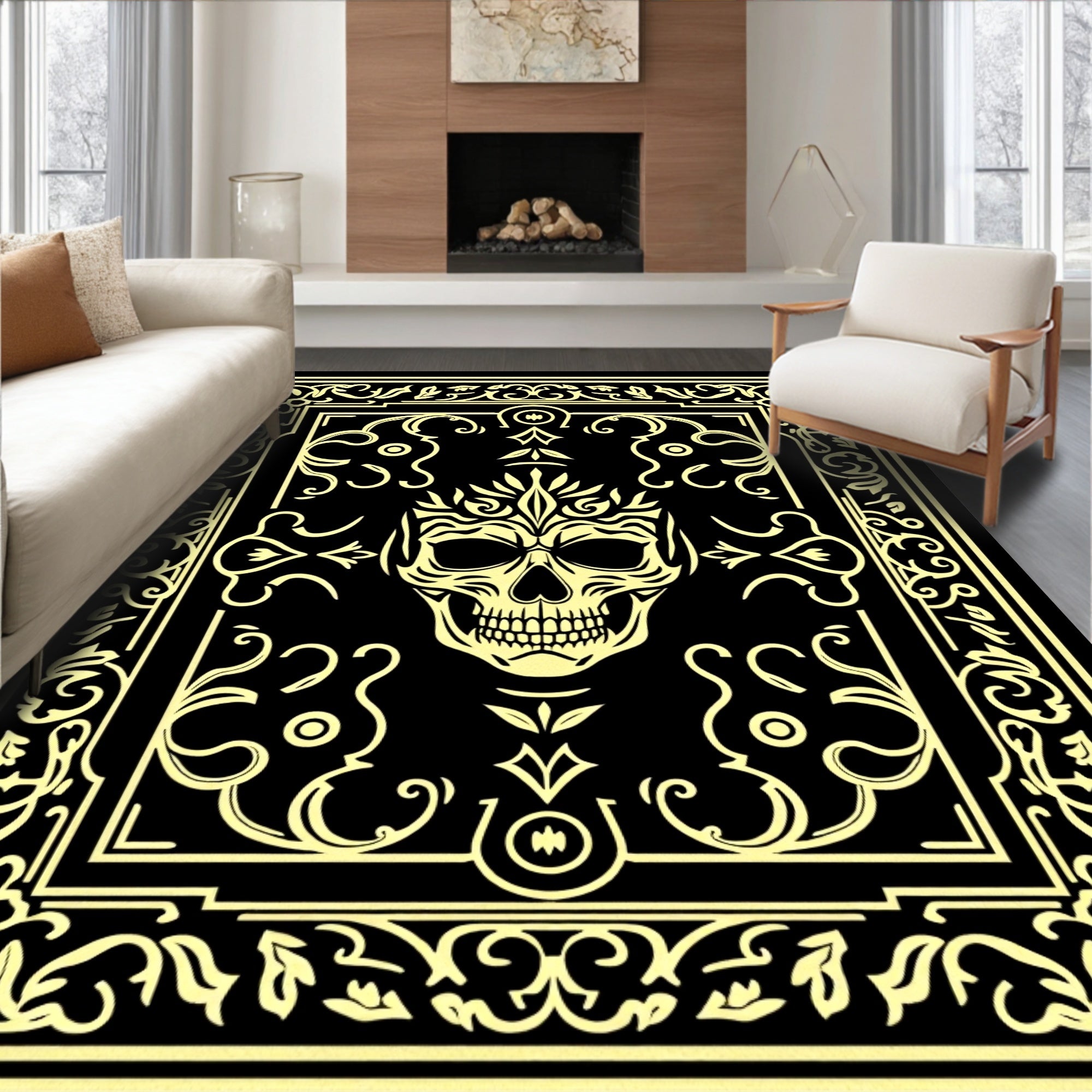 Damask Floral Scroll with Elegant Victorian Ornaments (Black) - ODIKA