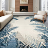Blue Grey and Beige Botanical Motif Area with Palm Leaves(Blue)