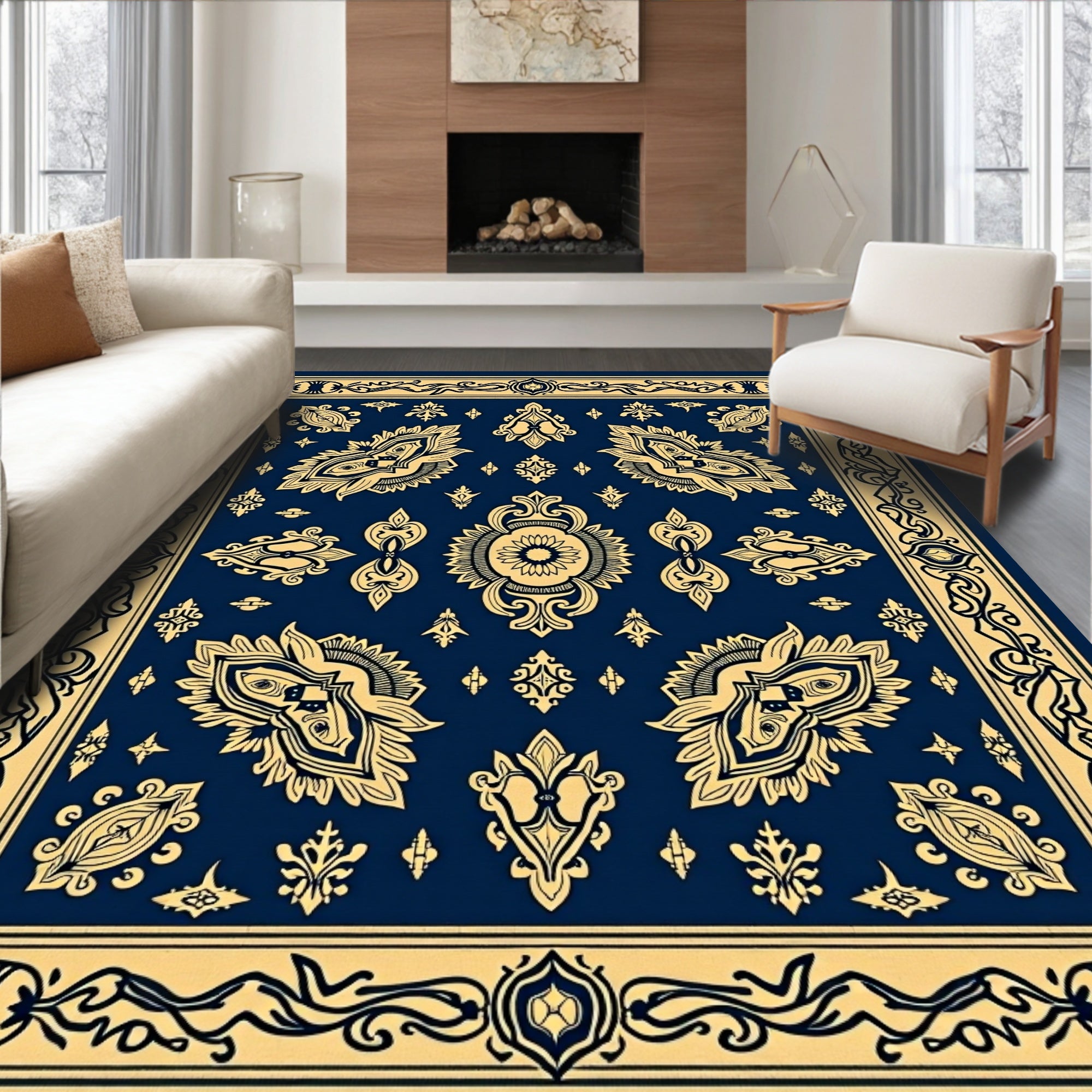 Oriental Paisley Medallion Non Slip Vintage Boho Design (Blue) - ODIKA