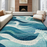 Coastal Seahorse Low Pile with Oceanic Blue Swirls and Nautical Motifs(Blue)