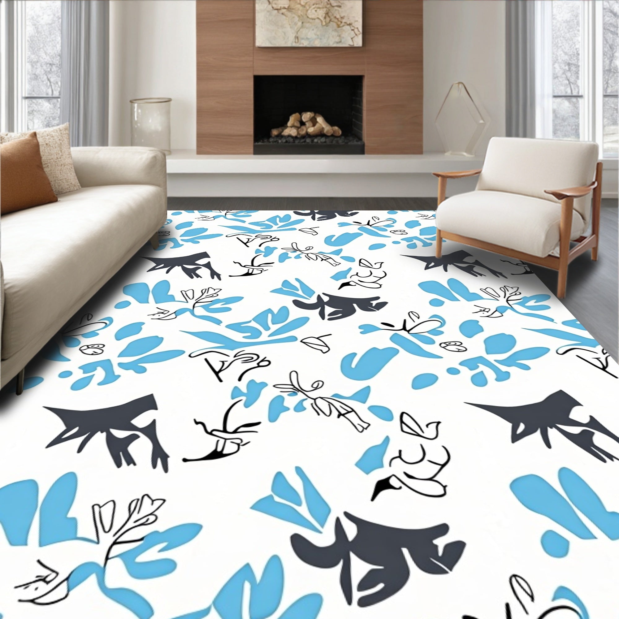 Abstract Cat Mosaic with Stylized Florals (Blue) - ODIKA