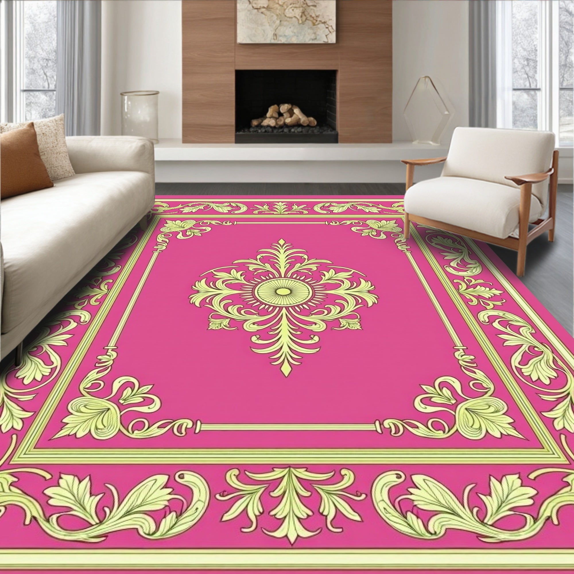 Heritage Damask Motif with Ornate Filigree and Central Floral Emblem (Pink) - ODIKA