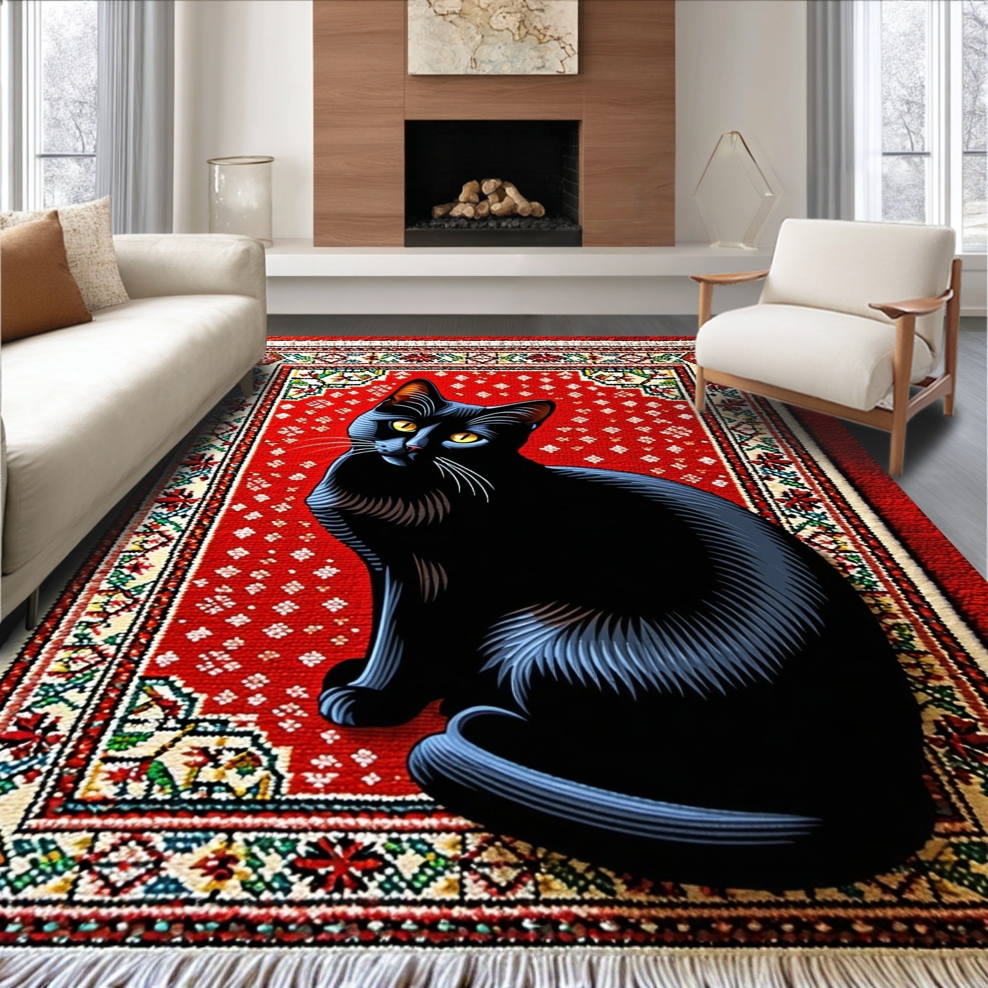 Ultra Soft Area Rug, Non Slip, Stain Resistant, Washable Area Rugs for Living Room, Bedroom, Whimsical Black Cat Bathroom Non-Slip Rug(Red)