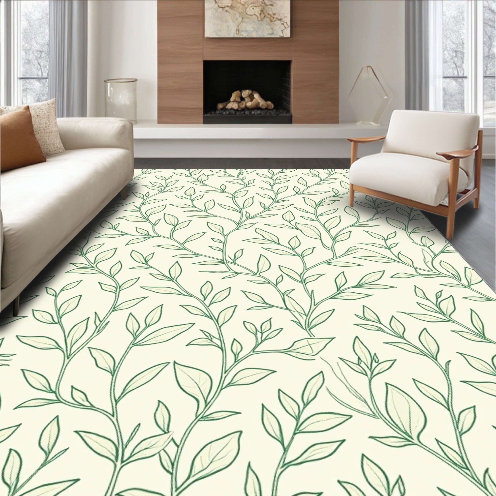 Botanical Leaf Vine Trellis Garden Nature Motif Floor (Ivory) - ODIKA