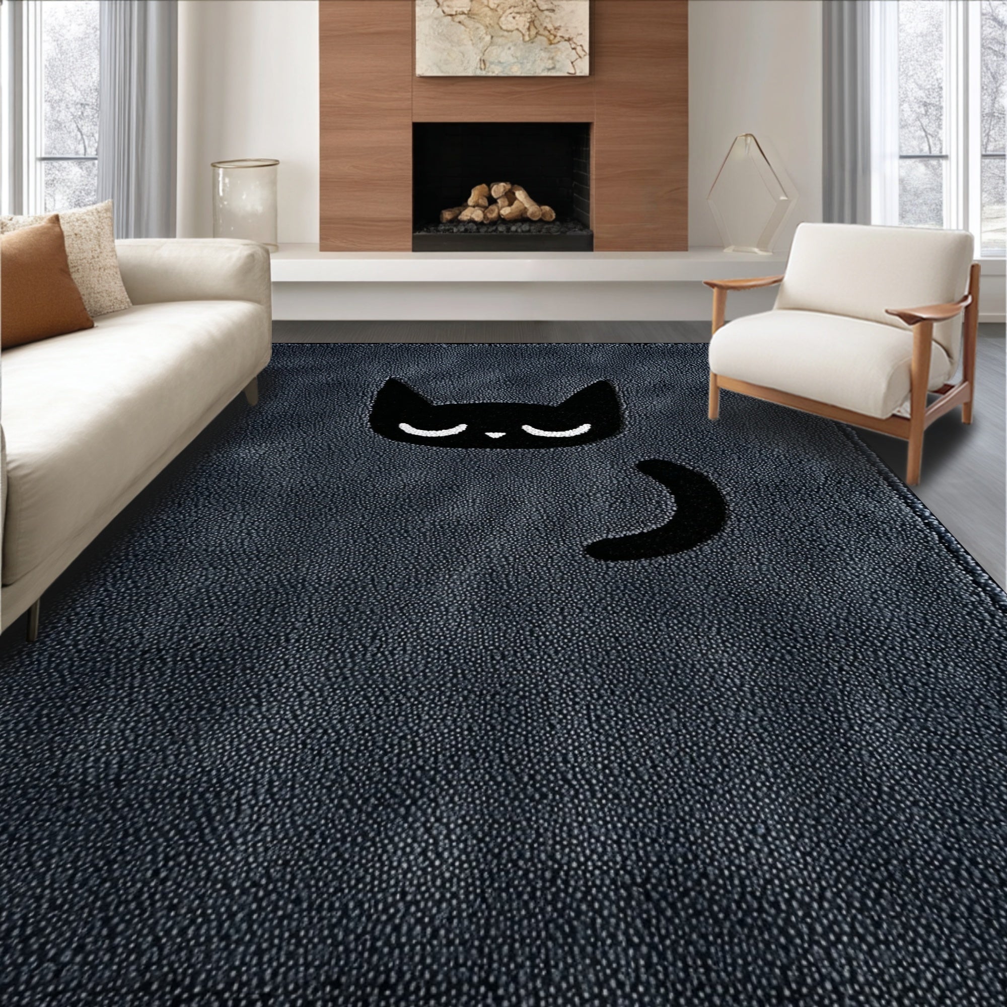 Ultra Soft Area Rug, Non Slip, Stain Resistant, Washable Area Rugs for Living Room, Bedroom, Playful Whimsical Cat Bedroom Plush Accent Mat(Black)